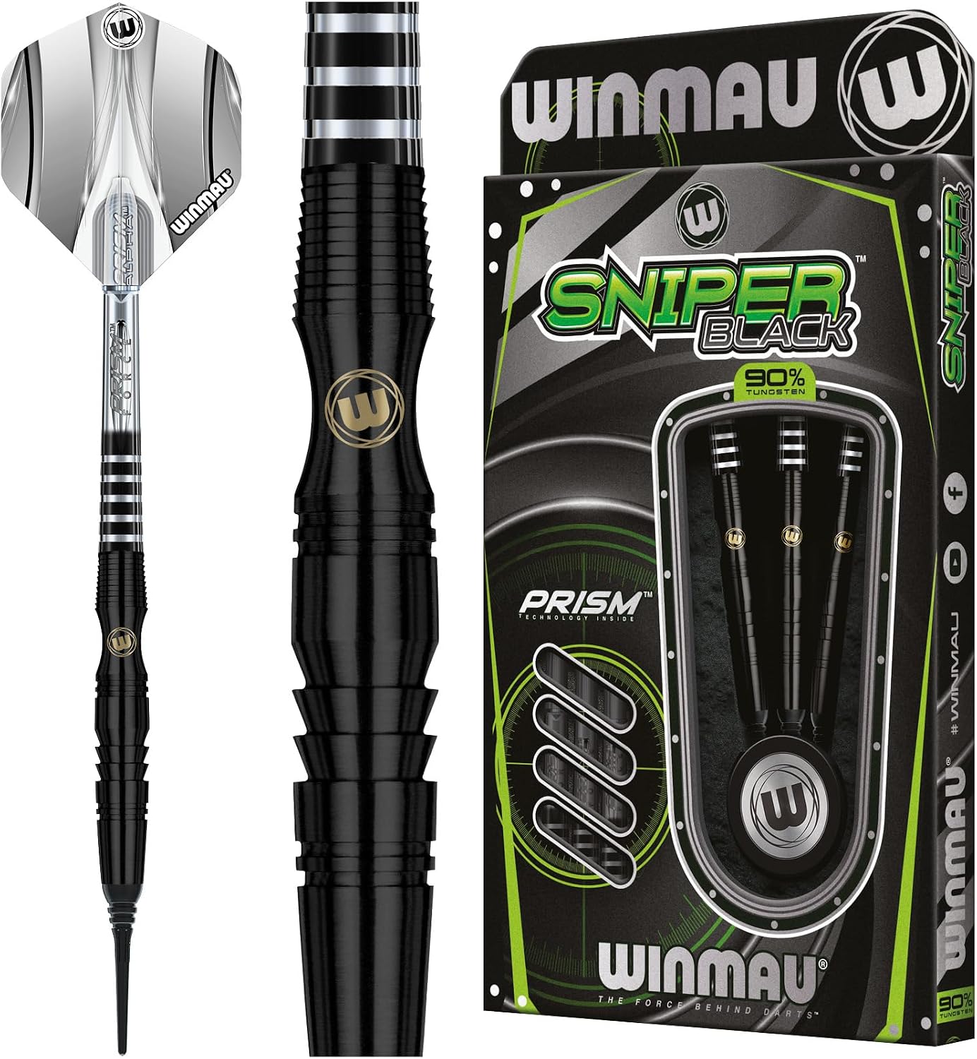 Winmau Sniper Black Professional Tungsten Darts Set with Flights and Stems (Shafts)