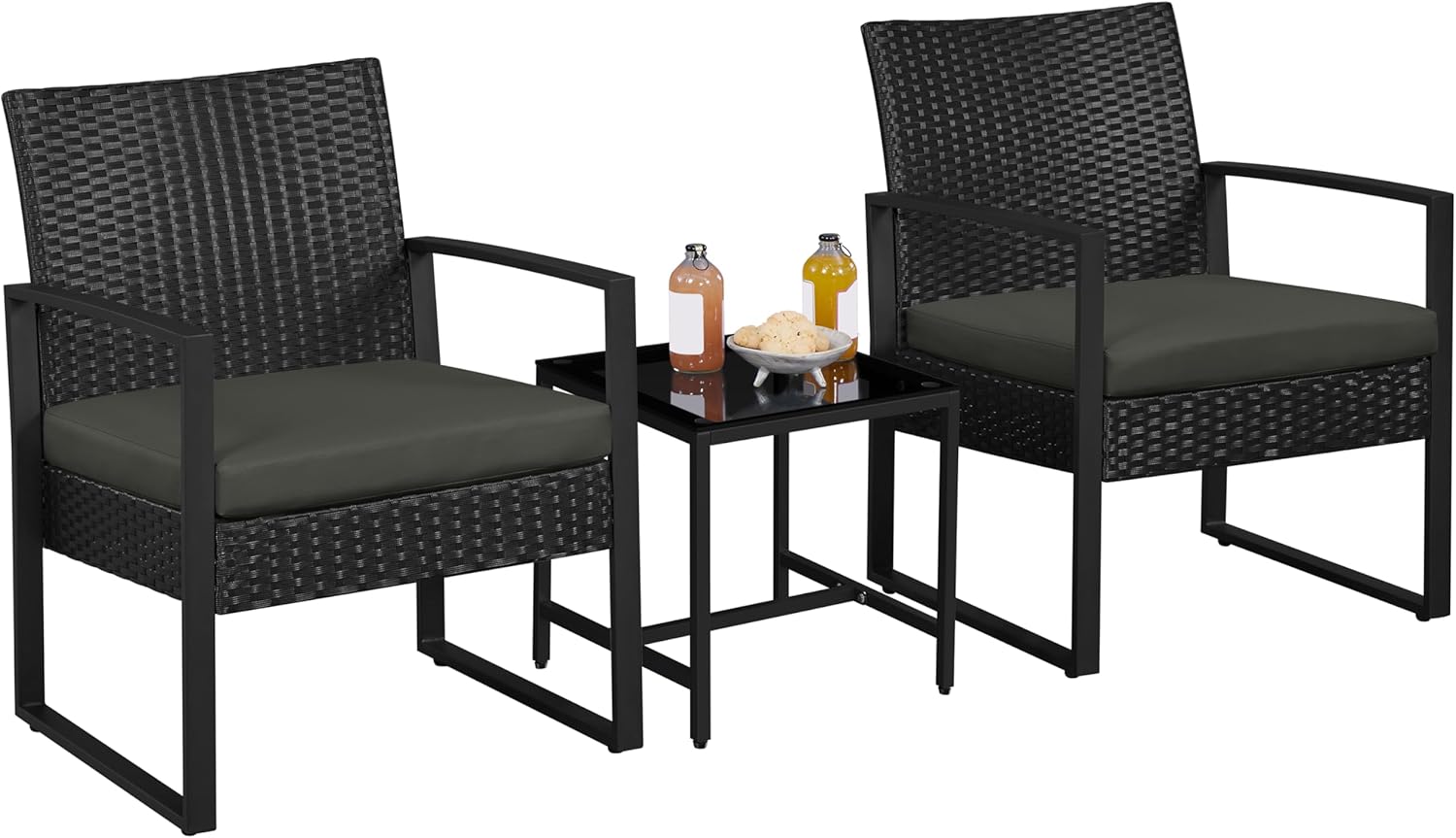 Yaheetech 3-Piece Rattan Garden Furniture Set, 2 Seater Chairs & 1 Table for Balcony with Cushions for House/Porch/Garden/Backyard/Outdoor Use, Black/Gray