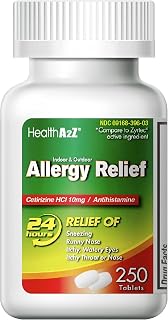 HealthA2Z® Allergy Relief | Cetirizine 10mg | All Day Allergy Relief | Indoor & Outdoor | Relief from Itchy Throat, Sneezing, Runny Noses (250 Count (Pack of 1))