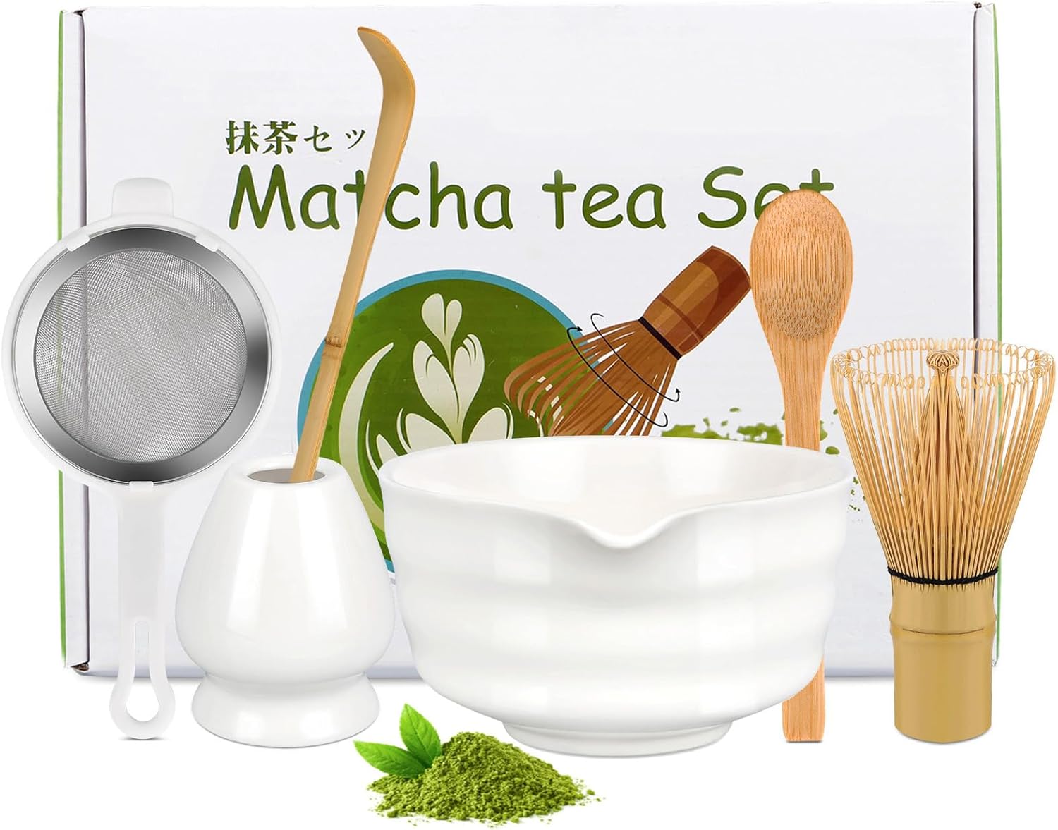 MEGETGOD Matcha Whisk Set, 6 PCS Matcha Tea Kit, Reusable Matcha Whisk and Bowl, Whisk Holder, Matcha Powder Strainer, Matcha Gift Set for Beginners and Enthusiasts