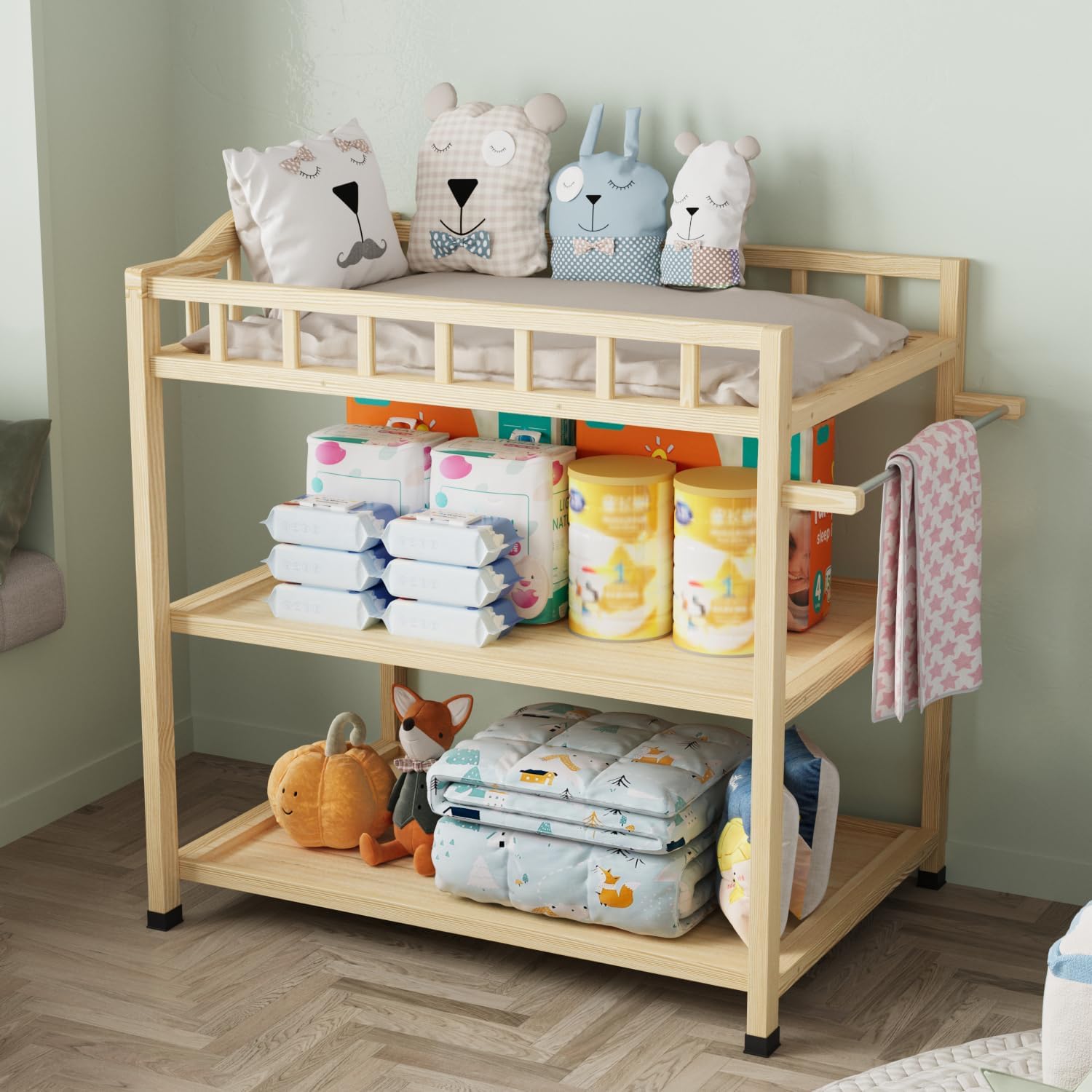 Infant Changing Table in Natural, Solid Wood Structure with Weight Capacity Up to 30LBS, Portable Changing Station for Baby Nursery, New Zealand Pinewood