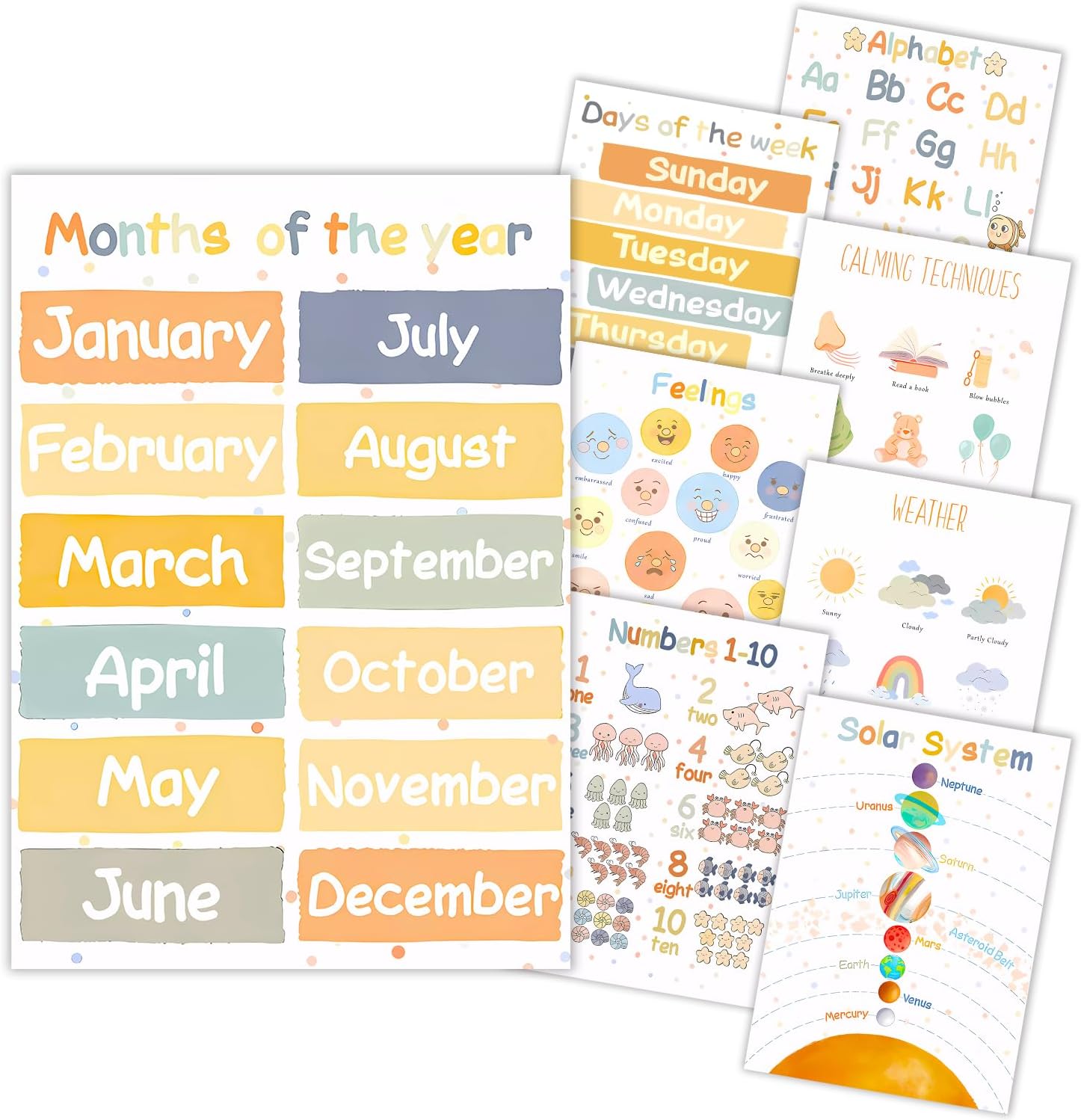 8 Boho Educational Posters for Toddlers, Pre K Learning Posters for Toddlers 3-5, Months of the Year, Numbers, Alphabet Posters Kindergarten Homeschool Supplies (Laminated)