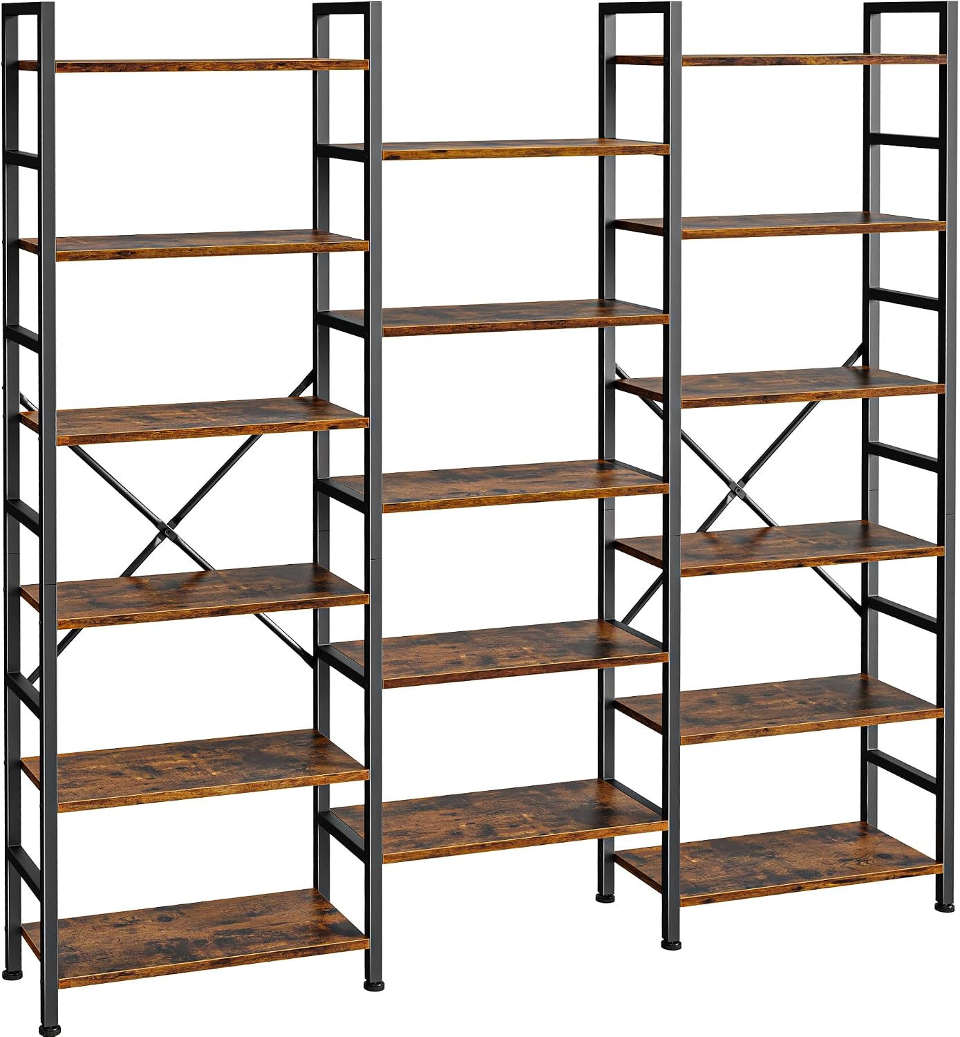 SUPERJARE Triple Bookshelf, Bookcase with 17 Open Display Shelves, Wide Book Shelf Book Case for Home & Office, 6 Tier, Brown, ABC003Z