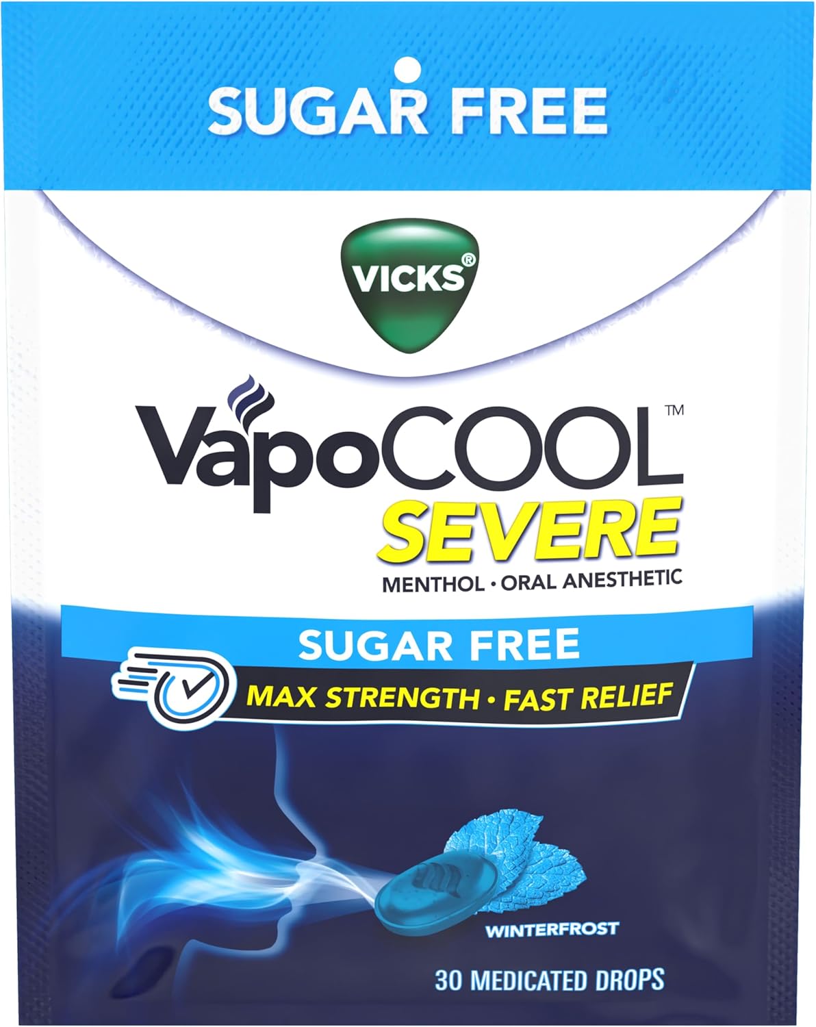 Vicks VapoCool Severe Sugar Free, Medicated Sore Throat Drops, Max Strength Menthol, Soothes Sore Throat Pain, Winterfrost Flavor, 30ct