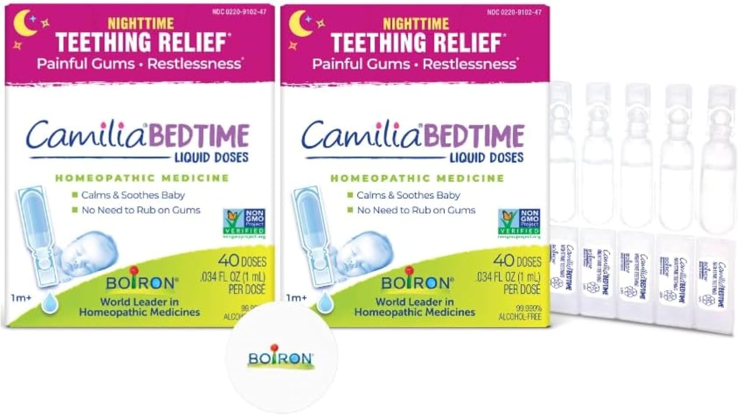 Boiron Camilia Bedtime Drops - 40 Count (Pack of 2) Bundle with a Boiron Sticker for Nighttime Teething Relief, Painful Gums, Restlessness, and Irritability - Sterile Liquid Doses