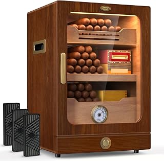Cigar Humidor, Desktop Cigar Humidor Cabinet Light Control System with Spanish Cedar Wood Shelves, Hygrometer, 3 Humidifiers and Cigar Accessories Drawer, Father's Day Gift for Men (Brown)