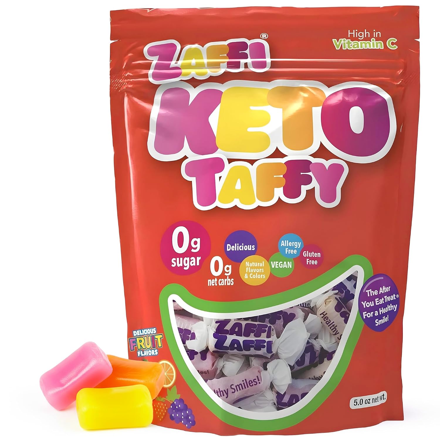 Zaffi Keto Taffy Sugar Free Candy - Dye Free, Keto & Diabetic-Friendly, Dentist-Approved Treats for Kids (Natural Fruit Flavor, 5 oz)