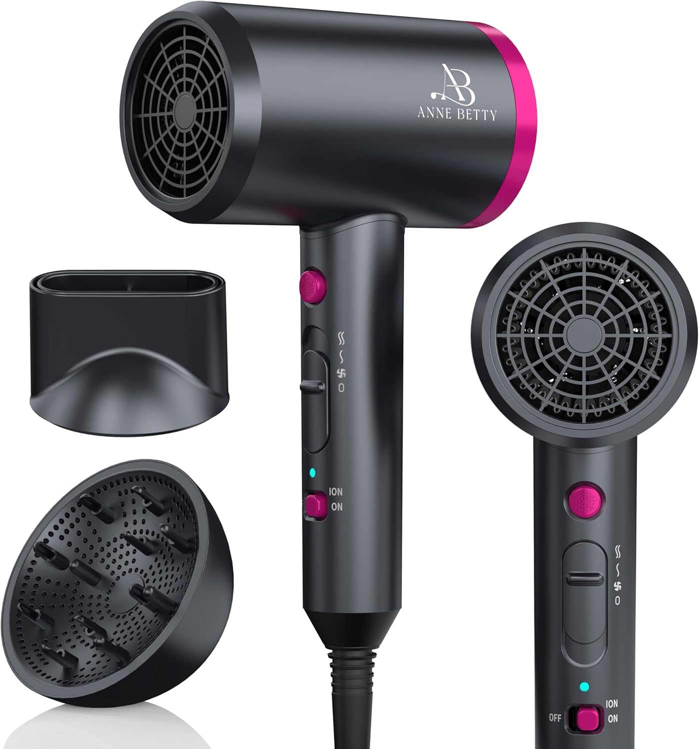 Hair Dryer with Diffuser for Curly Hair, 1800W Ionic Blow Dryer for Women & Men, Fast-Drying, Lightweight, Low Noise, Hair Care Styling Tool for Home, Travel