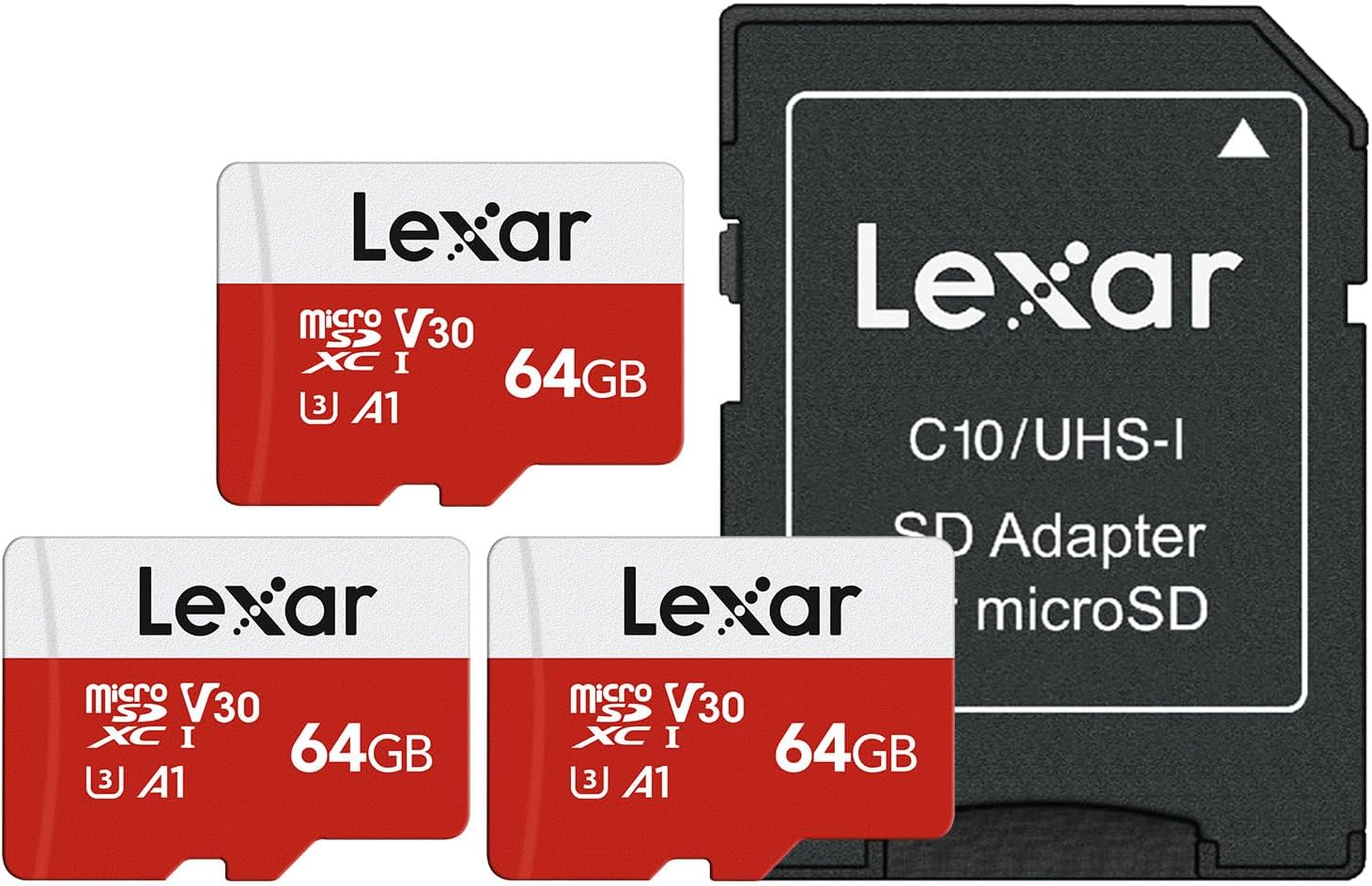 Lexar E-Series 64GB 3 PK Micro SD Card microSDXC UHS-I Flash Memory Card | 100MB/s, C10, U3, A1, V30, Full HD, 4K UHD, High Speed TF Card with Adapter