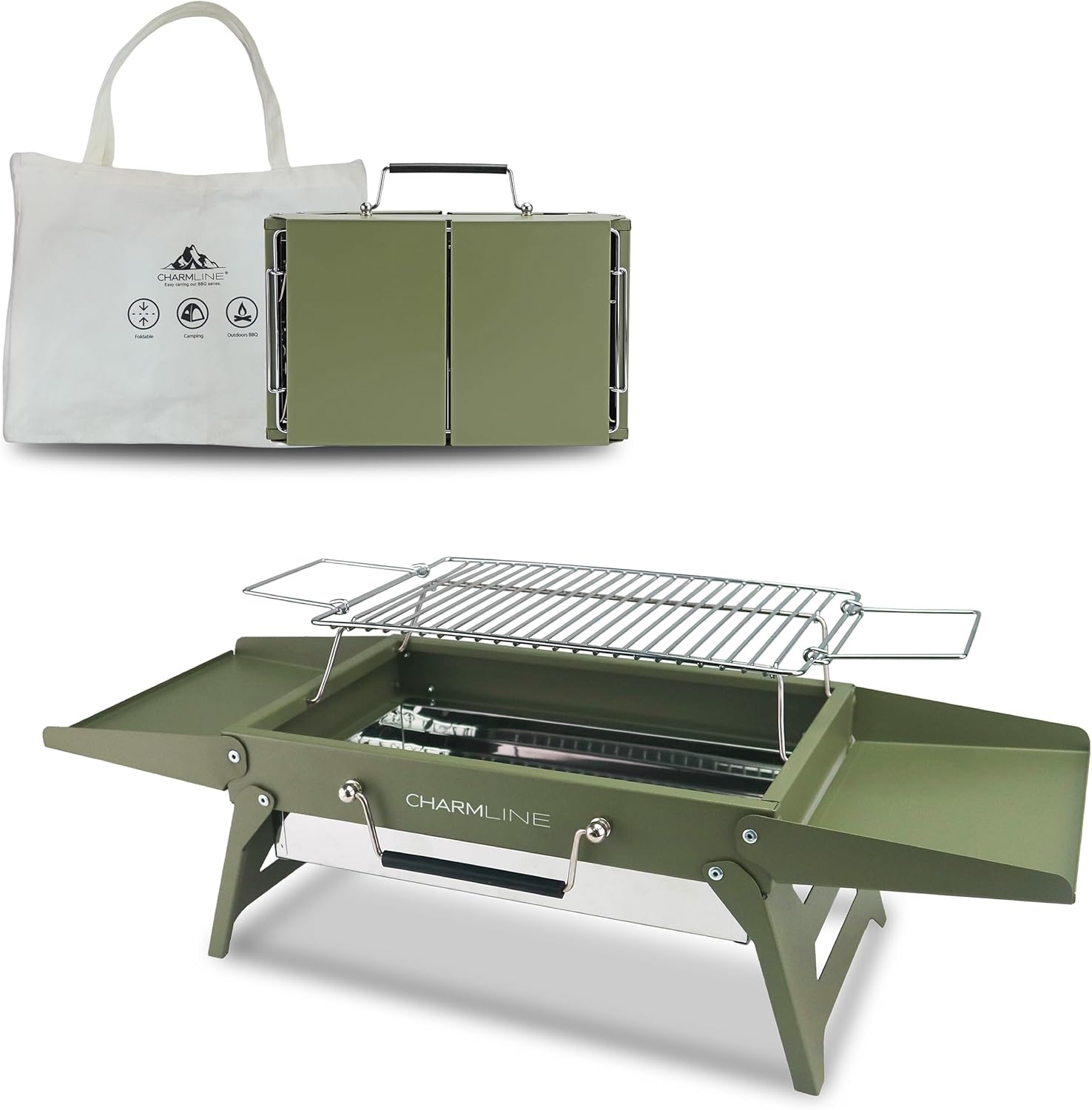 Charmline 14x9inch Small Desktop Charcoal Grill, Liftable Grilling Net, Saving Space Grill for Indoor and Outdoor, BBQ Grill for Camping, Gardens, Picnics, Beach Parties, Green