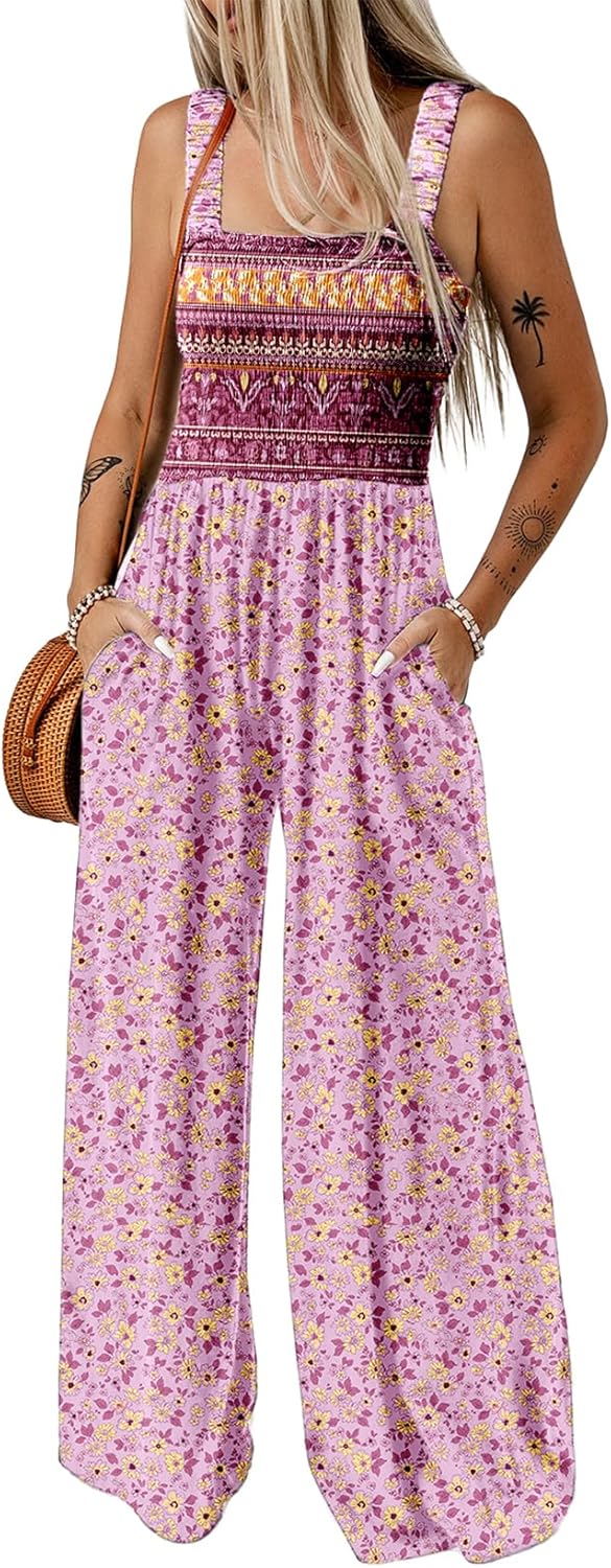 Dokotoo Women's Casual Loose Overalls Jumpsuits One Piece Sleeveless Printed Wide Leg Long Pant Rompers With Pockets