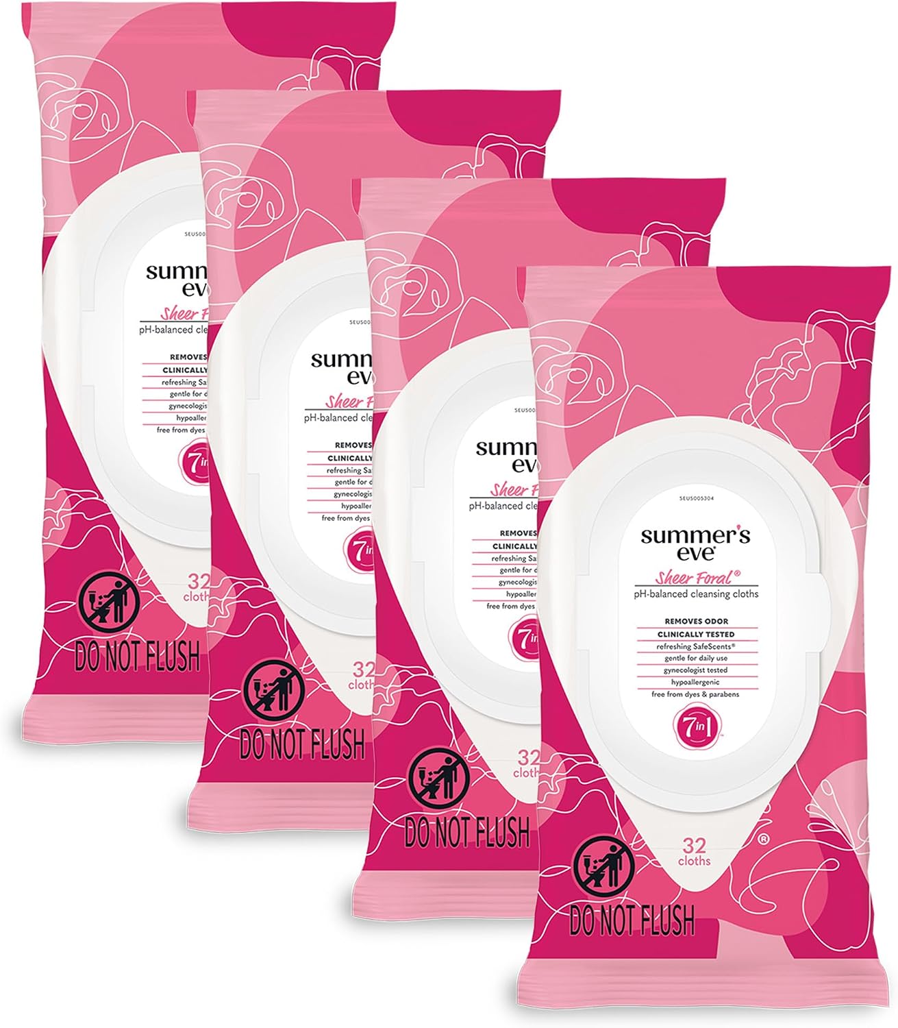 Summer's Eve Sheer Floral Daily Refreshing Feminine Wipes, Removes Odor, pH balanced, 32 Count, 4 Pack