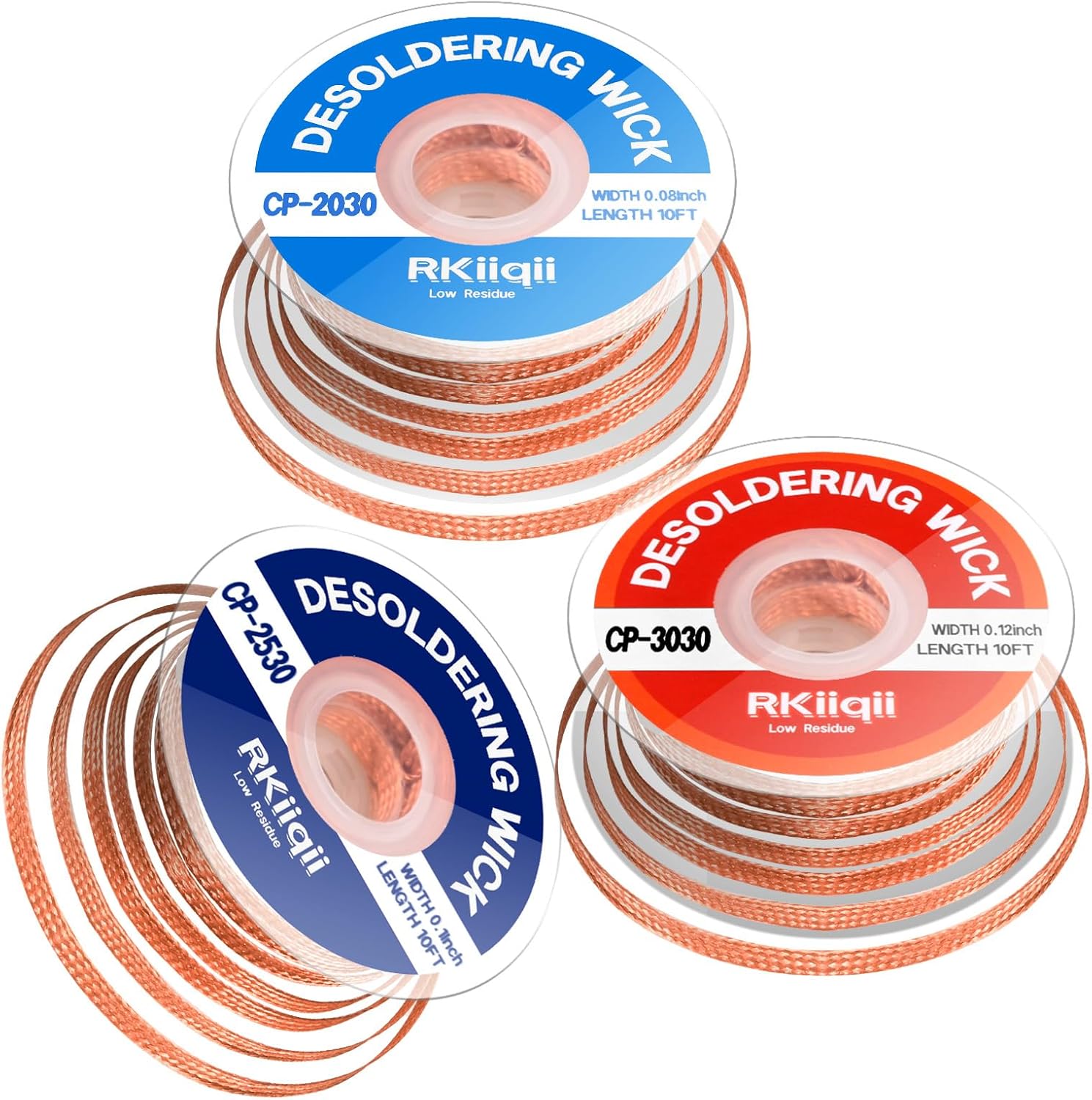 3pcs Solder Wick Braid with Flux, Upgrade Desoldering Wick (0.08/0.1/0.12in, 10ft Each) No Clean Low Residue Soldering Wick, Coated Braid for Electronics Component Repair, PCB Circuit Board
