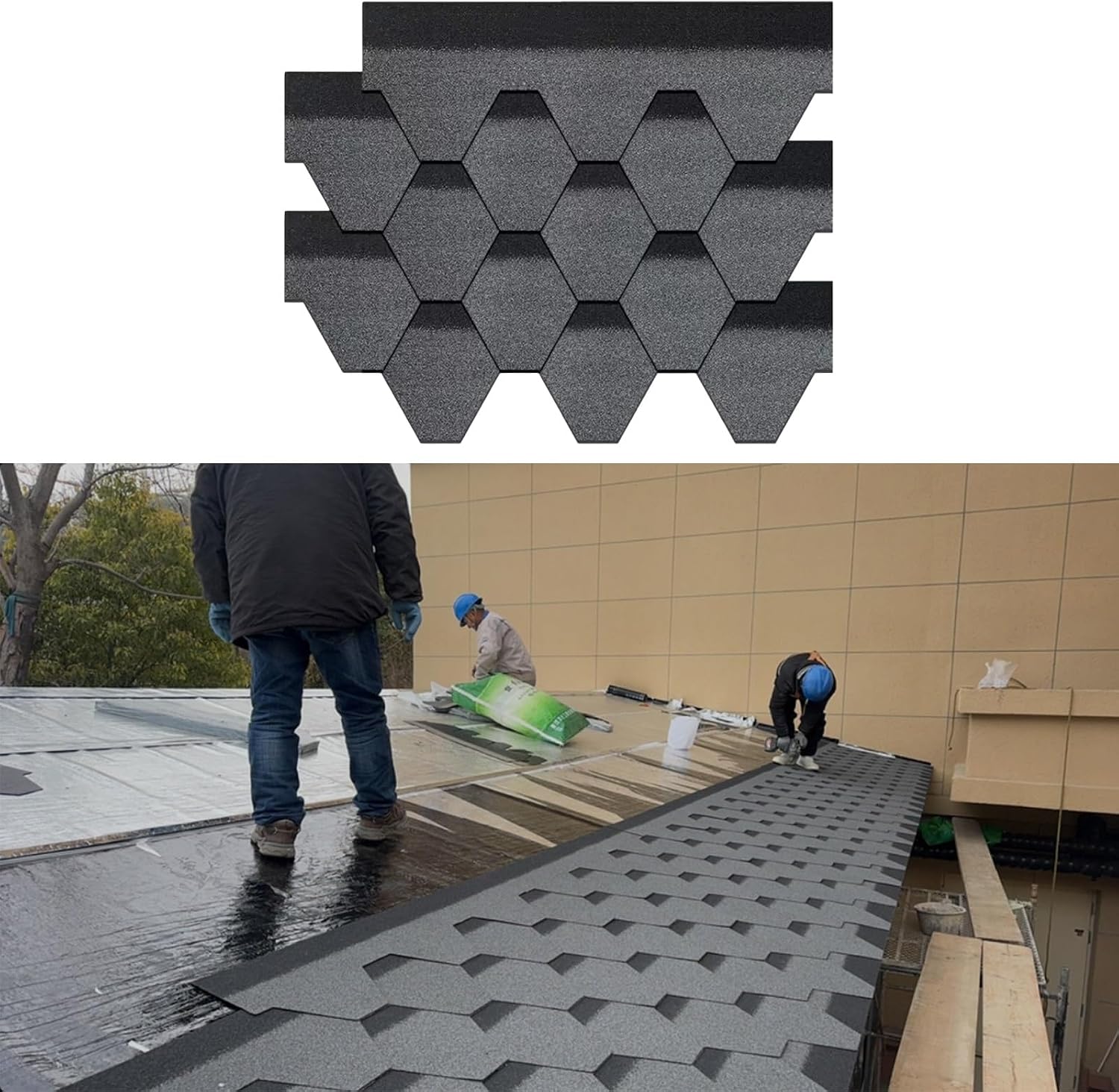 Double Layer Waterproof Asphalt Roof Shingles 39.37x12.79 - Adhesive Roofing Tiles for House, Shed, Balcony Renovat & Repair - Gray, 21 Pack