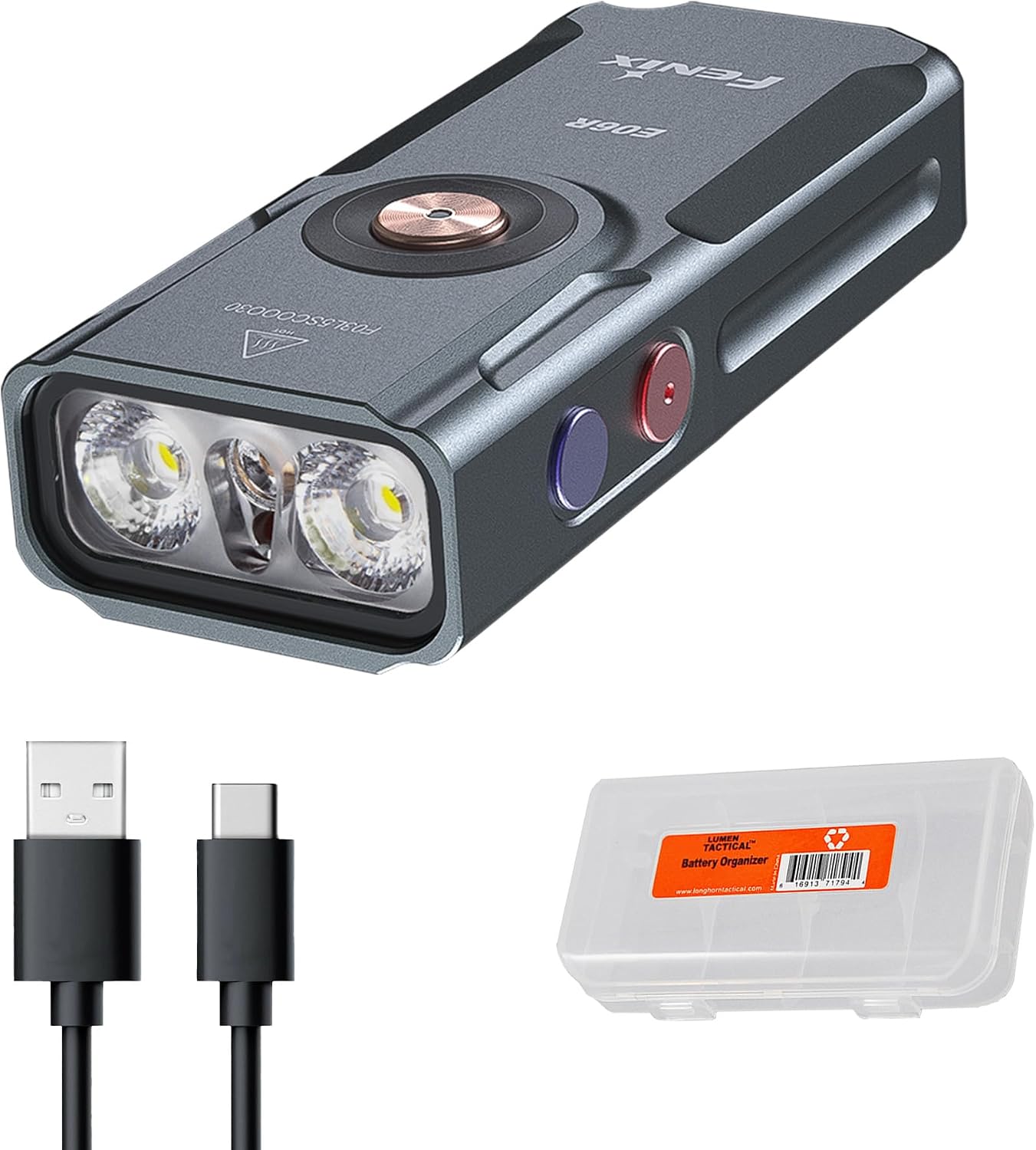 Fenix E06R 700 Lumen 3-in-1 EDC Keychain Flashlight, USB-C Rechargeable, Includes UV Light and Lumentac Organizer (Grey)