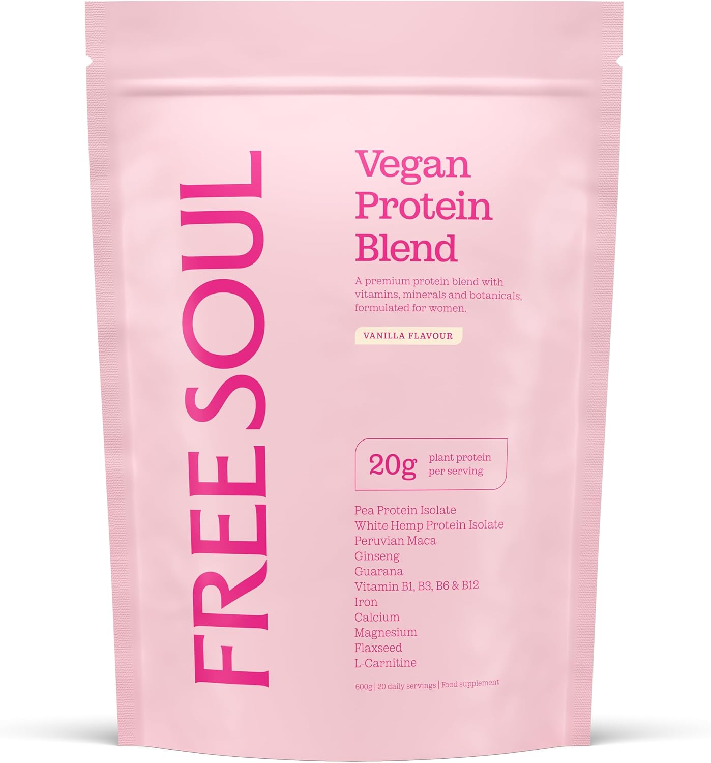 Free Soul Vegan Protein Powder | Formulated for Women | 600g | 20g Protein with Added Nutrients | Gluten & Soy Free Plant-Based Nutrition Shake | Pea & Hemp Isolate Protein | Vanilla Flavour