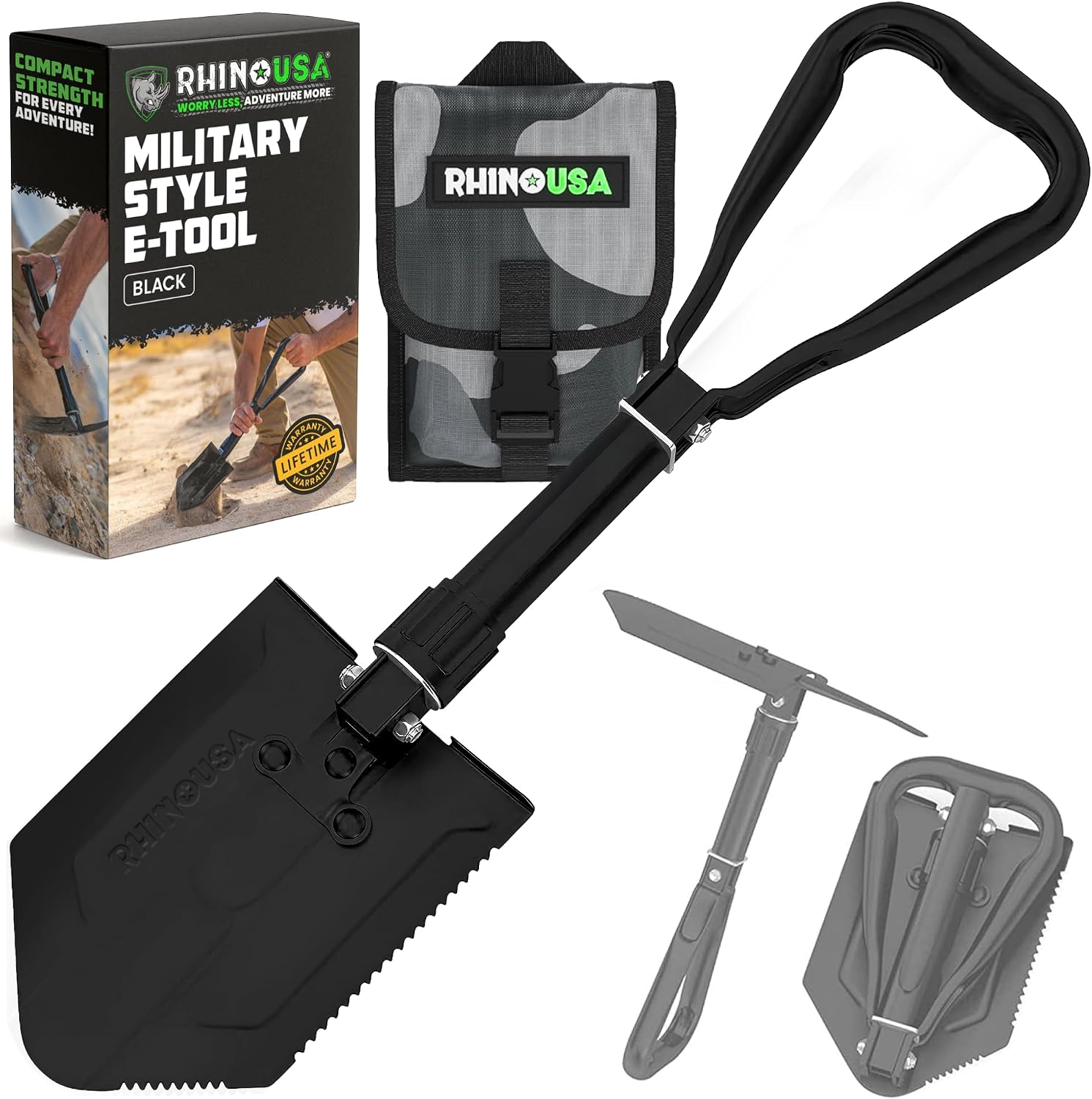 Rhino USA Folding Survival Shovel with Pick - Military Entrenching Tool