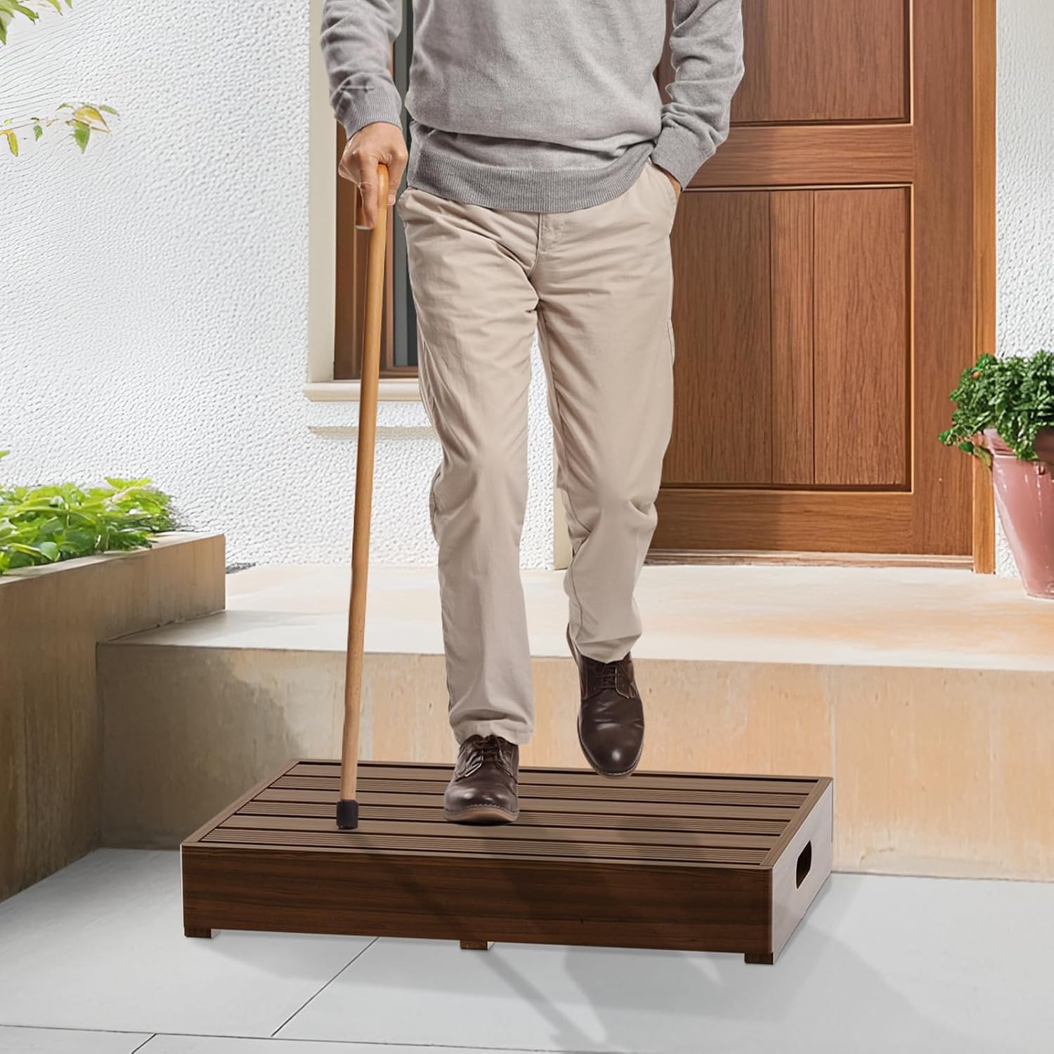 Wooden Step Stool, 3.5" One Step Non-Slip Outdoor Platform (No Assemble Required), Heavy Duty Acacia Wood High Riser Step Stool with Non-Slip Pads for Seniors Adults with Bad Knee