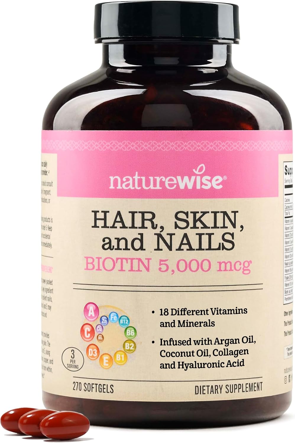 NatureWise Hair Skin and Nails Vitamin, Biotin 5000mcg w/Hyaluronic Acid, Collagen for Women with C, B Complex, D3, A, E, Iron - Non-GMO, Gluten Free - 270 Softgels[3-Month Supply]