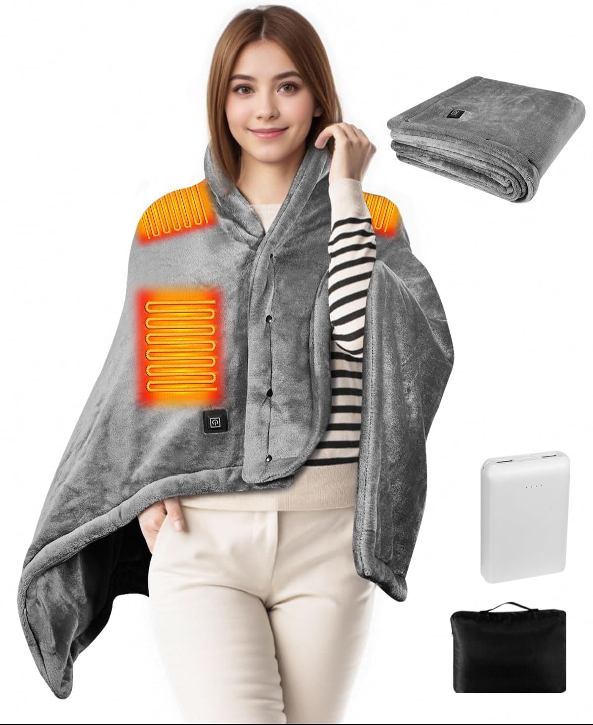Cordless Wearable Heated Blanket, Heated Blanket Battery Operated with Power Bank, USB Heating Throw Shawls Portable Electric Blanket with 3 Heating Levels for Home Office Outdoor (Dark Grey)