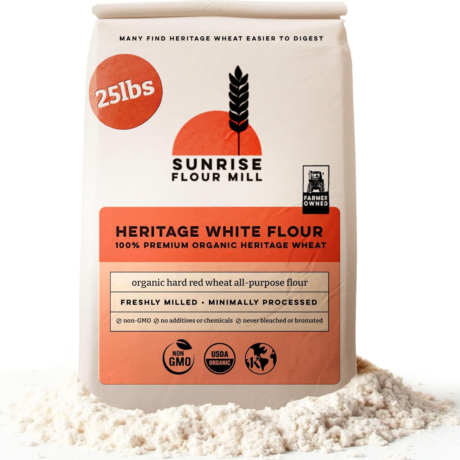 Sunrise Flour Mill Heritage Organic White Flour | USDA Organic All Purpose Flour Unbleached - Non-GMO, Kosher, Grown Without Glyphosate, High Protein for Baking, Unbromated White Wheat (400 Ounce (Pack of 1))