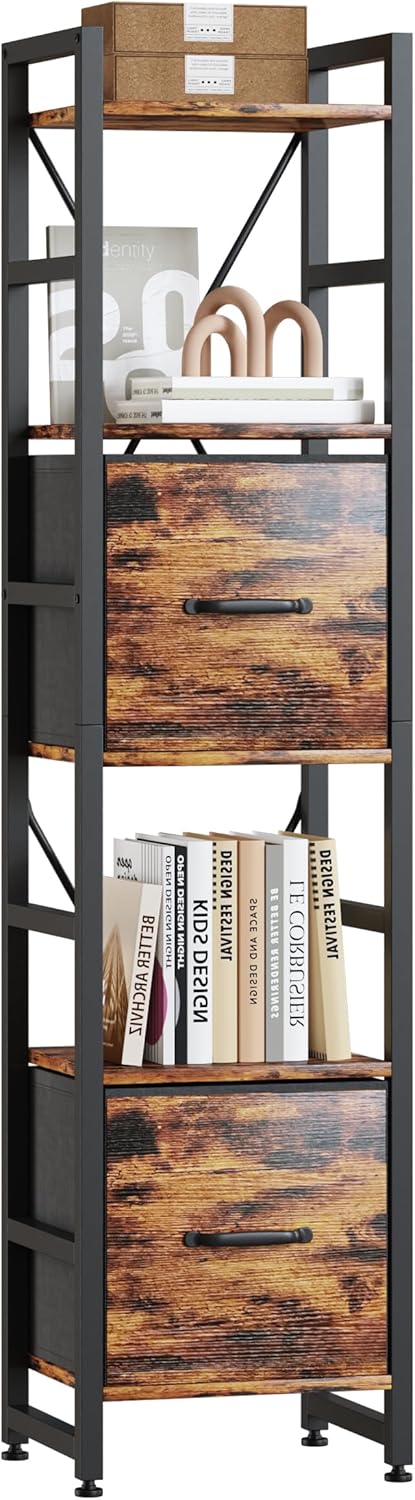 TREETALK 5 Tier Bookcase,Tall Narrow Bookshelf with 2PCS Fabric Drawers, Industrial Display Standing Shelf Units with 2 X-shape Frame, Storage Rack for Living Room,Bedroom, Home Office (Rustic Brown)