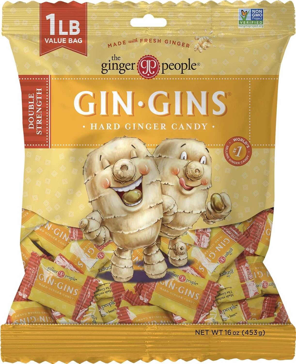 GIN GINS Double Strength Ginger Hard Candy – Natural Ginger Candy by The Ginger People – Individually Wrapped Healthy Candy – Double Strength Flavor – Large 1 lb Bag (16oz) – Pack of 1