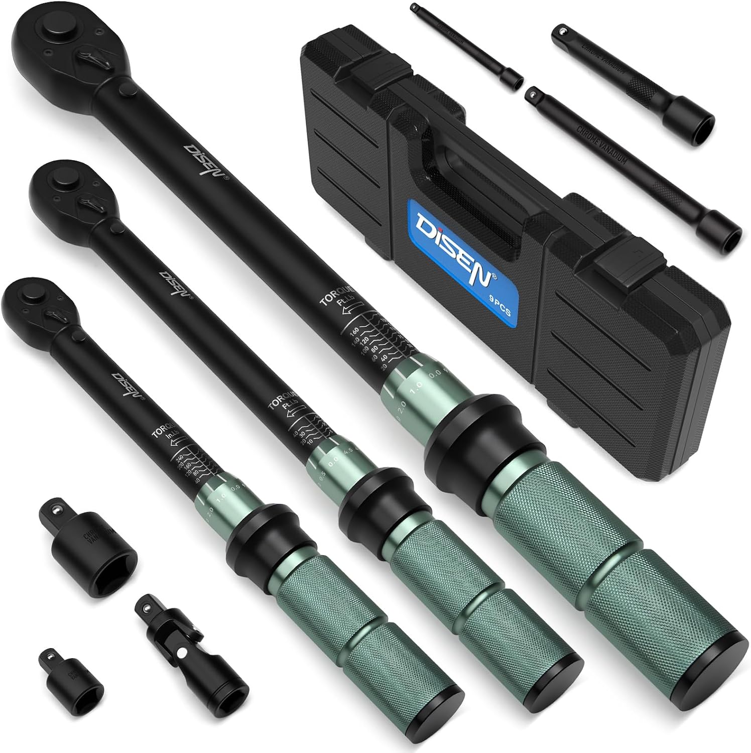 DISEN 9PC Click Torque Wrench Set 1/4" 3/8" 1/2" ±3% Accuracy Storage Box
