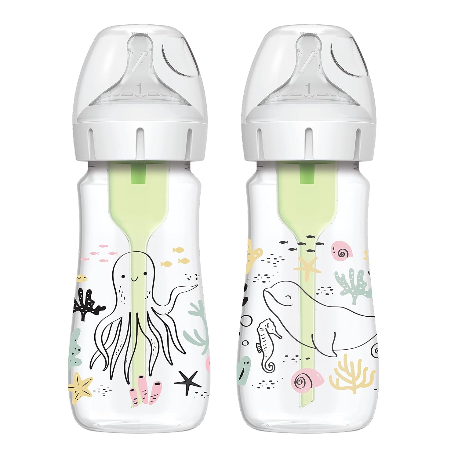 Dr. Brown’s Natural Flow® Anti-Colic Options+™ Wide-Neck Baby Bottle Designer Edition Bottles, Ocean Decos, 9 oz/270 mL, Level 1 Nipple, 2-Pack, 0m+