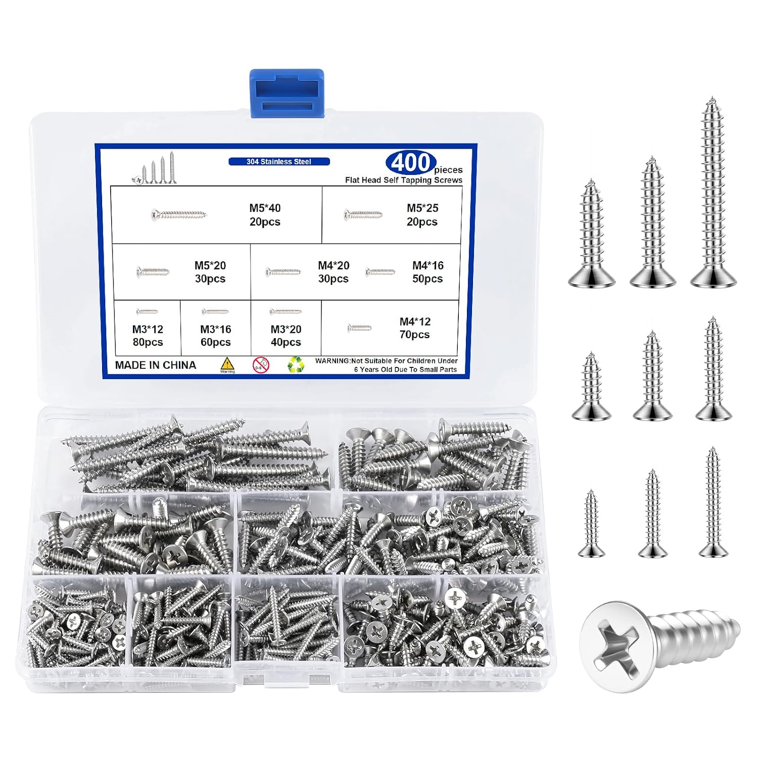 400 Pcs Self Tapping Screws Mixed Set, M3/M4/M5 Self tapping Screws Metal, Screws for Wood, Cross Slot Screw Set (400 Flat Heads)