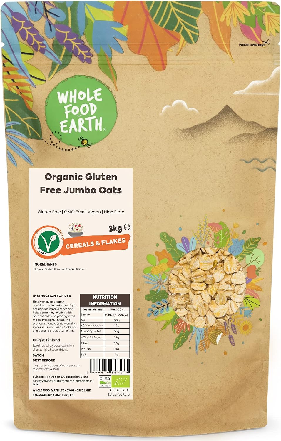 Wholefood Earth Organic Gluten Free Jumbo Oats – 3 kg | GMO Free | Vegan | High Fibre | Certified Organic