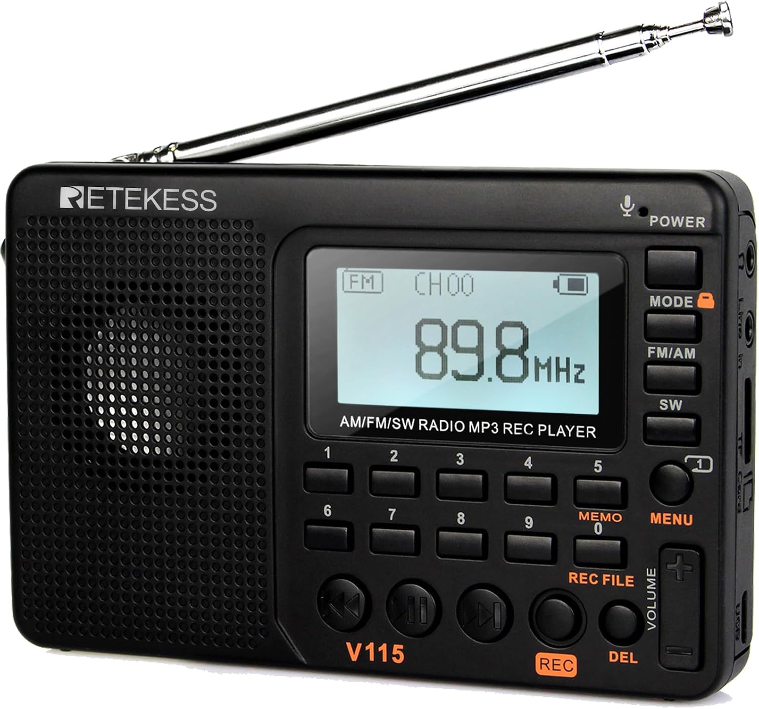 Retekess V115 Portable Radio, Pocket Radio, AM FM SW, Recorder, MP3 Support TF Card, Headphone Jack, Sleep Timer, LCD Backlight (Black)
