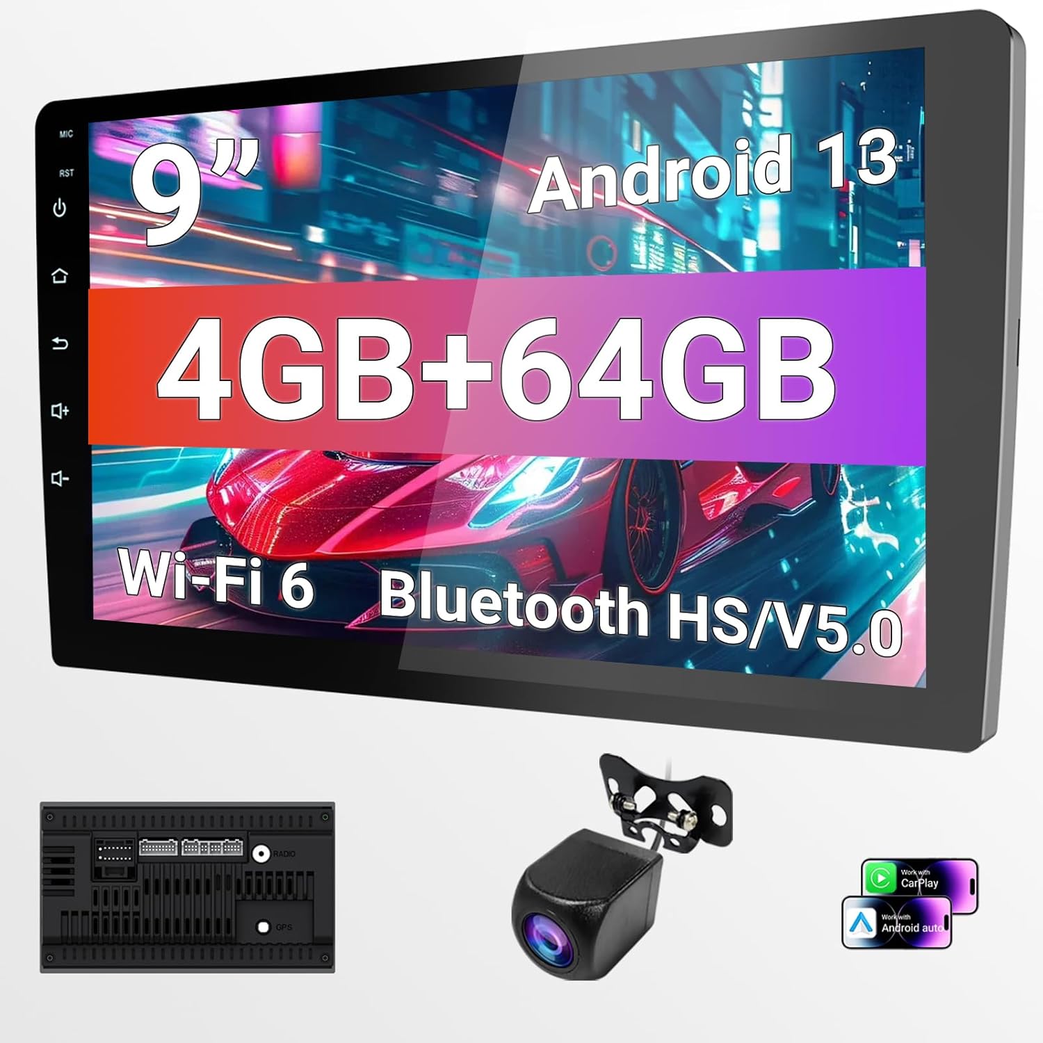 9" Wireless Double Din Car Stereo with Bluetooth, Wireless CarPlay, Android Auto, WiFi 6, 1280 * 720 HD Touchscreen, 4+64GB Storage,Backup Camera, GPS,Pro Sound Quality, FM/AM