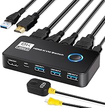 8K@60Hz HDMI 2.1 KVM Switch for 1 Monitor and 2 Computers, with 3 USB 3.0 Ports for Sharing Monitor, Keyboard, Mouse, Hard Drives, and Printer – Includes 2 HDMI & USB Cables, and Controller