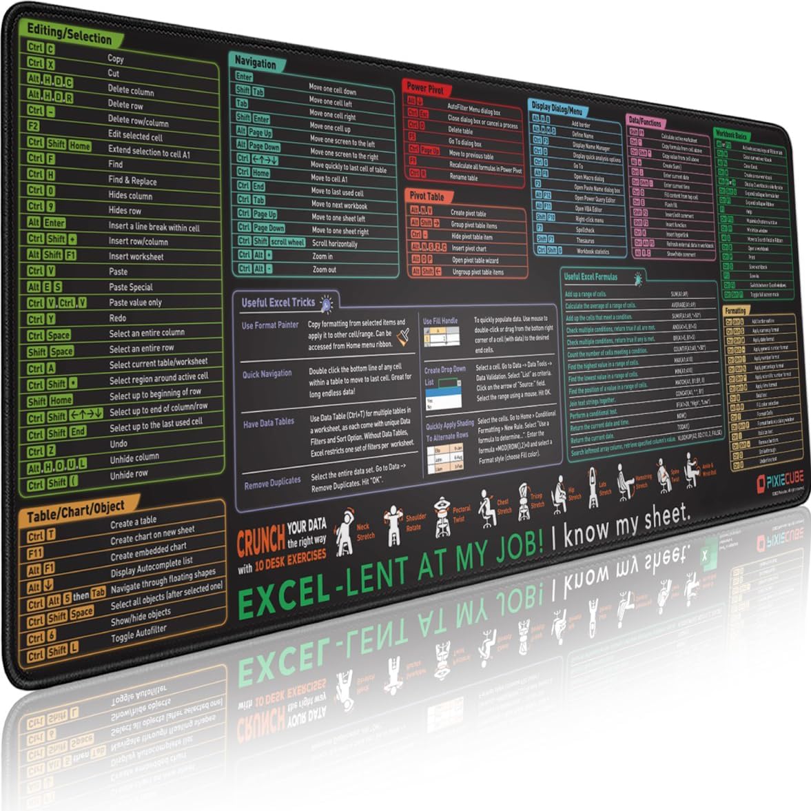 Excel Cheat Sheet Desk Pad | Excel Shortcut Keys Mouse Pad - Extended Large XL Cheat Sheet Gaming Mousepad | PC Office Spreadsheet Keyboard Mat | Non-Slip Stitched Edge