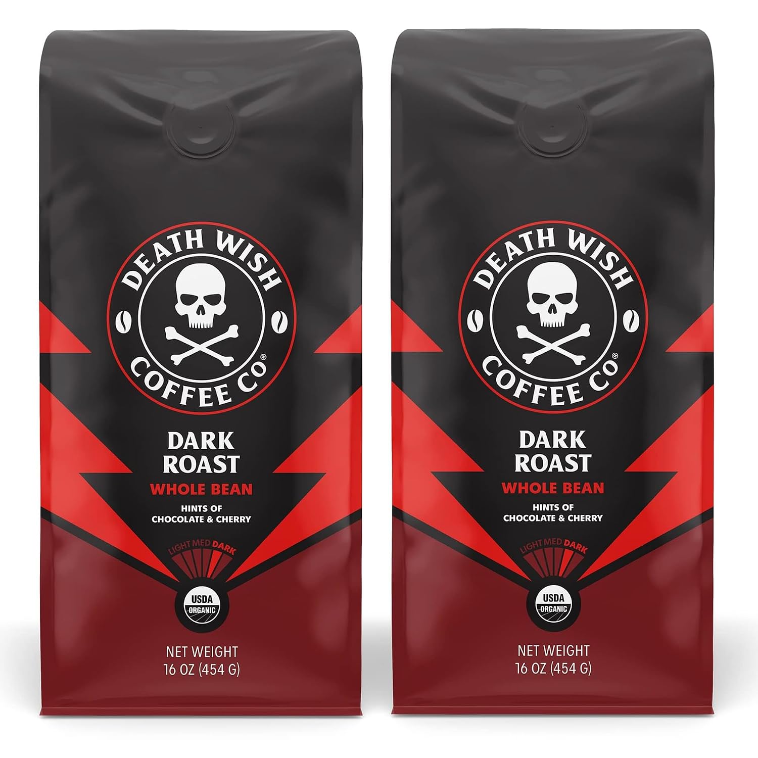 Death Wish Coffee, Whole Bean Dark Roast - USA Organic Coffee Beans Bundle/Bulk - Fair Trade Arabica & Robusta - 16 Ounce (Pack of 2)