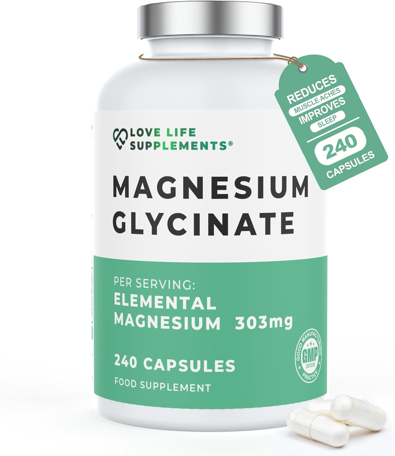 Magnesium Glycinate (Bisglycinate), 2 Month Supply - 240 Capsules, 2750mg (303mg Magnesium), Chelated Magnesium Supplements, Highly Bioavailable, Made in UK - GMP Certified - Love Life Supplements