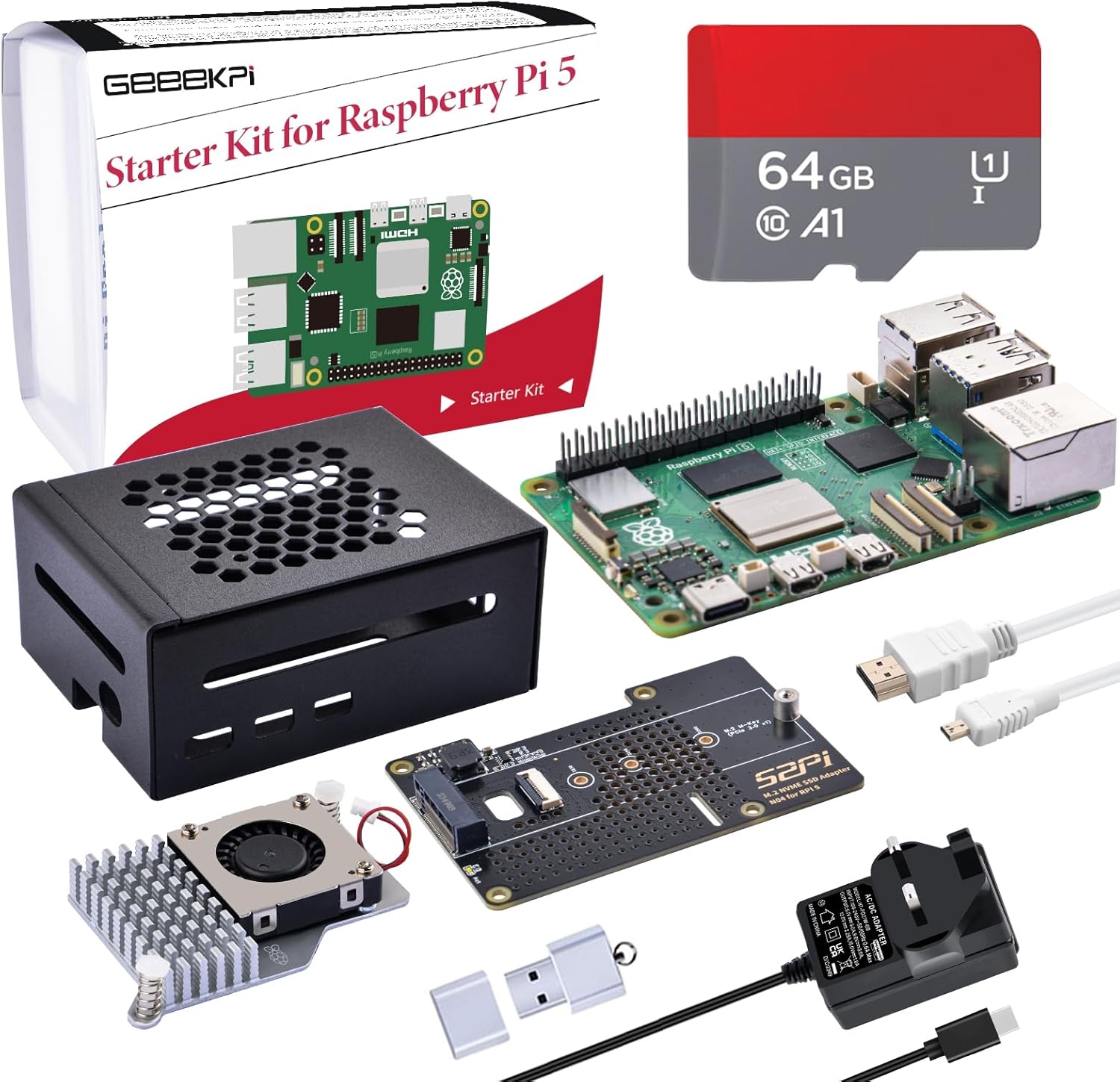 GeeekPi Starter Kit for Raspberry Pi 5 8GB, with N04 M.2 NVMe SSD PCIe Peripheral Board, Metal Case, Official Active Cooler, 64GB SD Card, HDMI Cable And 27W USB C 5V 5A Power Supply
