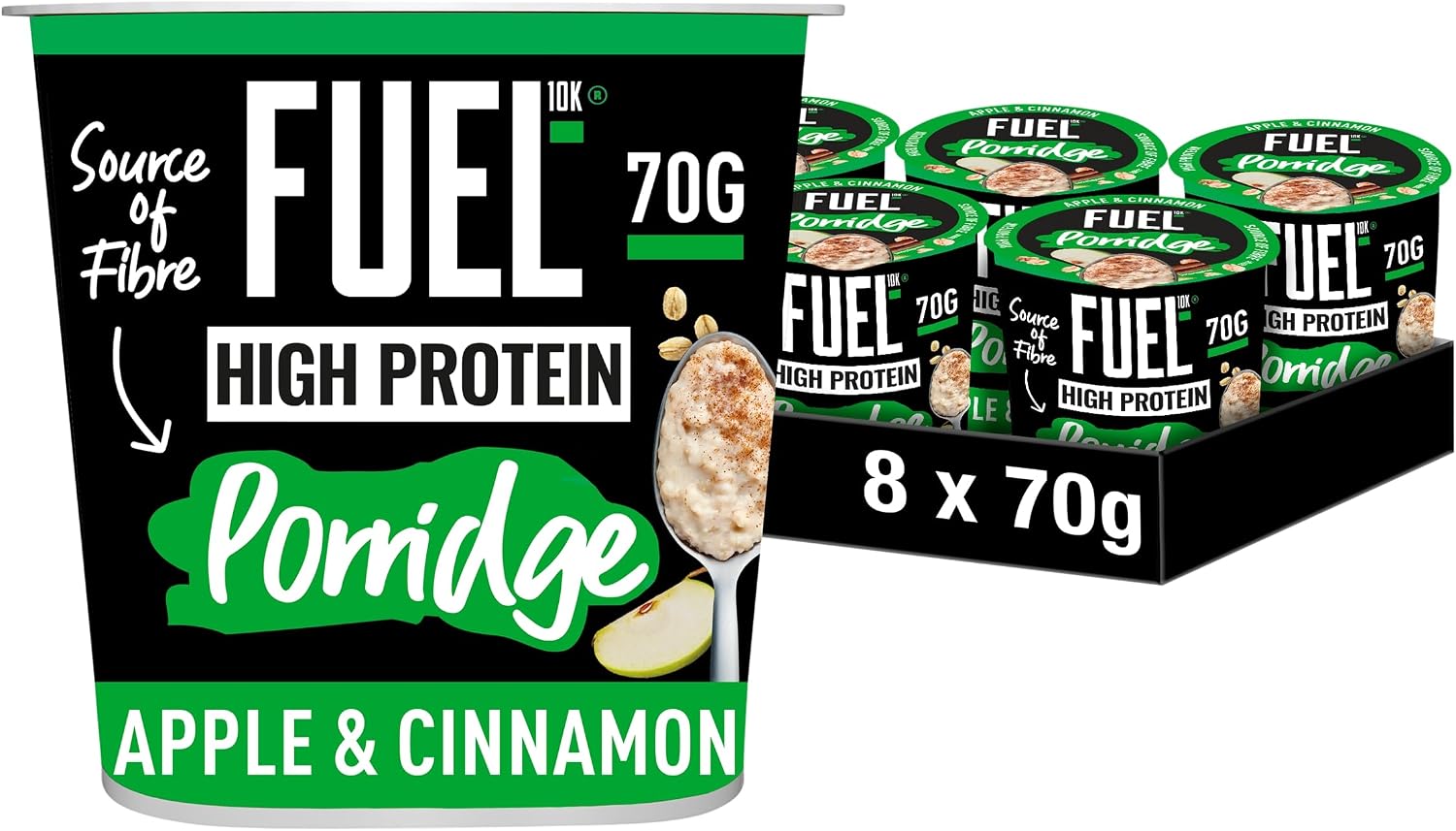 FUEL10K High Protein Apple & Cinnamon Porridge Pots, 70 g (8-Pack) | 13 g Protein, Source of Fibre, Quick & Easy, Vegetarian-Friendly, Convenient Breakfast