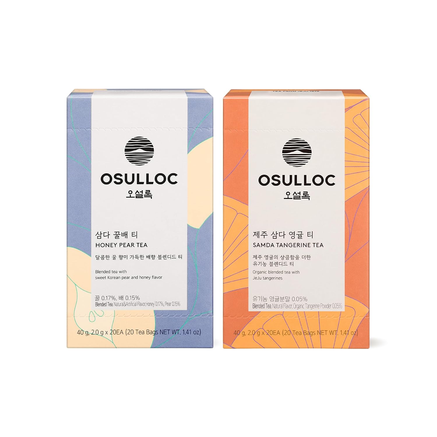 OSULLOC Honey Pear Tea (Sweet Pear & Honey Flavor) (20 count, 1.06 oz, 40g) & Tangerine Tea (Fresh Jeju Tangerine Flavor) (20 count, 1.06 oz, 40g)