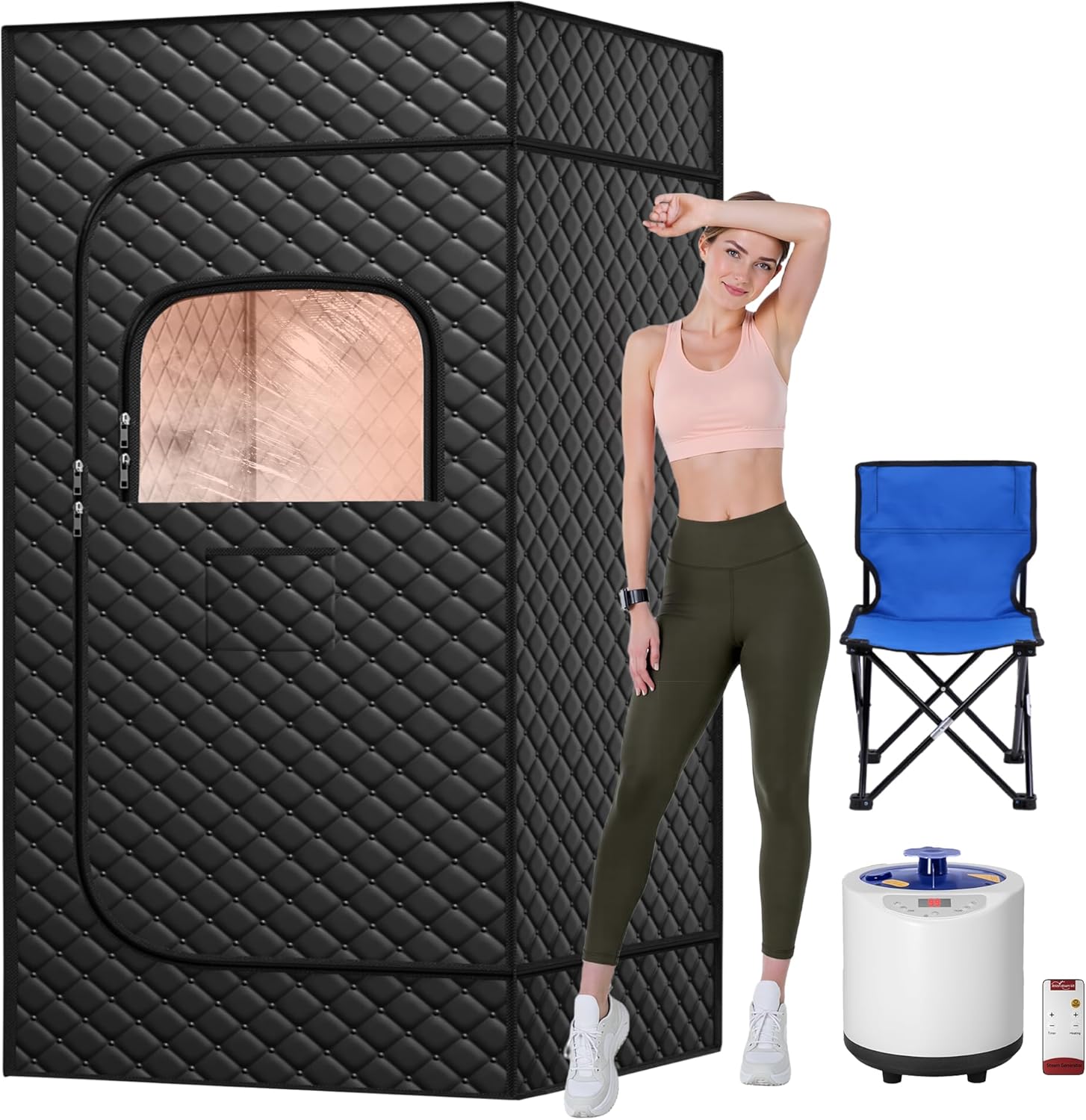 Sauna, Portable Sauna Box for Home, Full Size Steam Saunas Tent with Steamer, Foldable Chair, Carpet and Remote Control, Ideal for Spa, Indoor, Outdoor (Satin Cotton, Glossy Black)