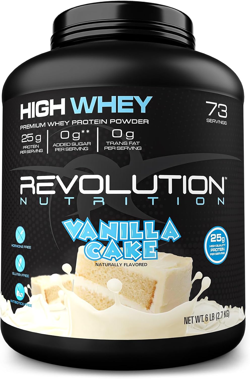Revolution Nutrition, High Whey, Protein Powder 6LB, Whey Isolate, Gluten Free, Lean Muscle Mass for Men & Women, 25g of Protein Per Scoop, 2.7kg, 73 Servings (Vanilla Cake, 6 Pound)