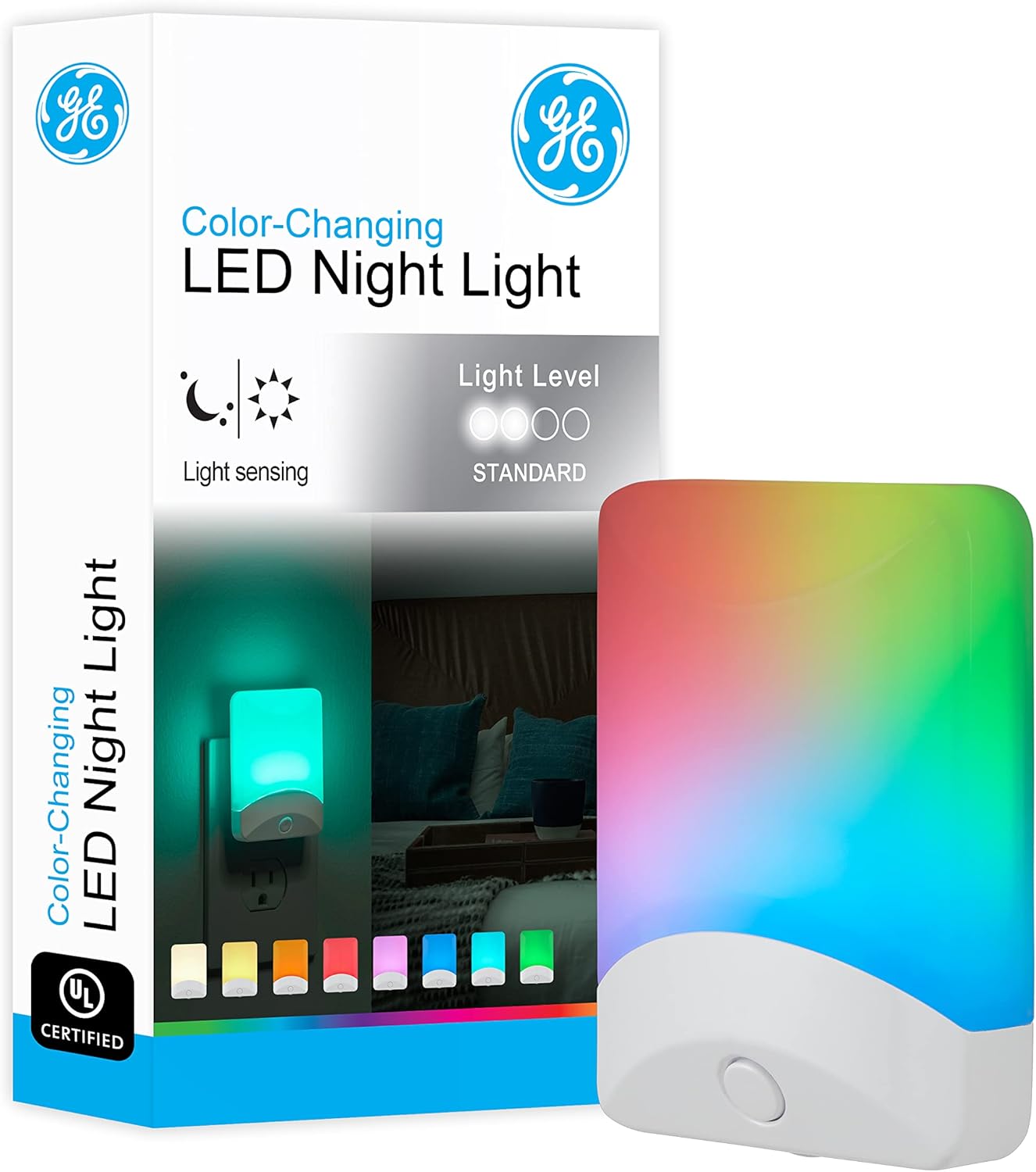 GE Color-Changing LED Night Light, Plug Into Wall, Dusk to Dawn Sensor, Ambient Lighting, for Bedroom, Childrens Room, Nursery, Safety Rated, 1 pack, 34693