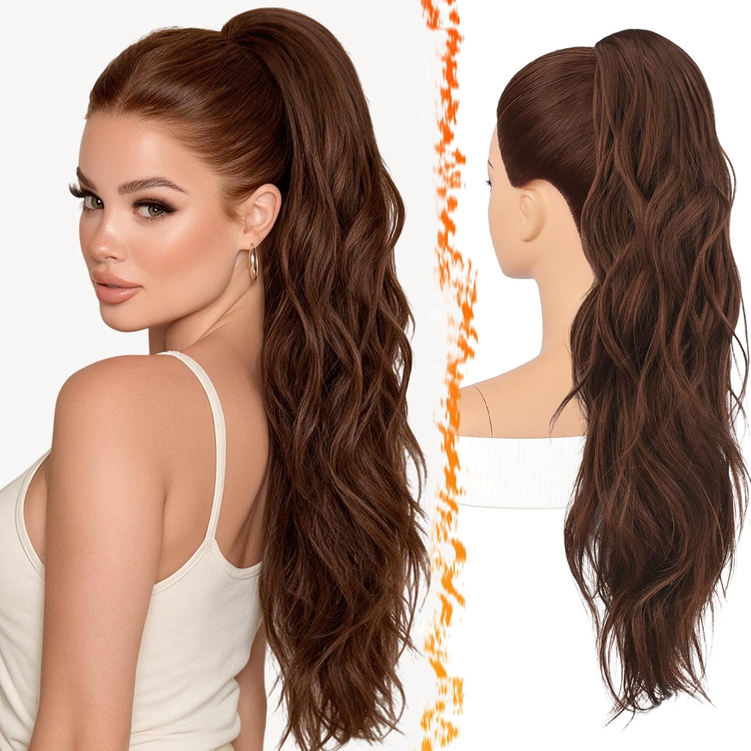 BARSDAR 25 Inch Synthetic Dual Claw Clip Auburn Brown Loose Wavy Ponytail