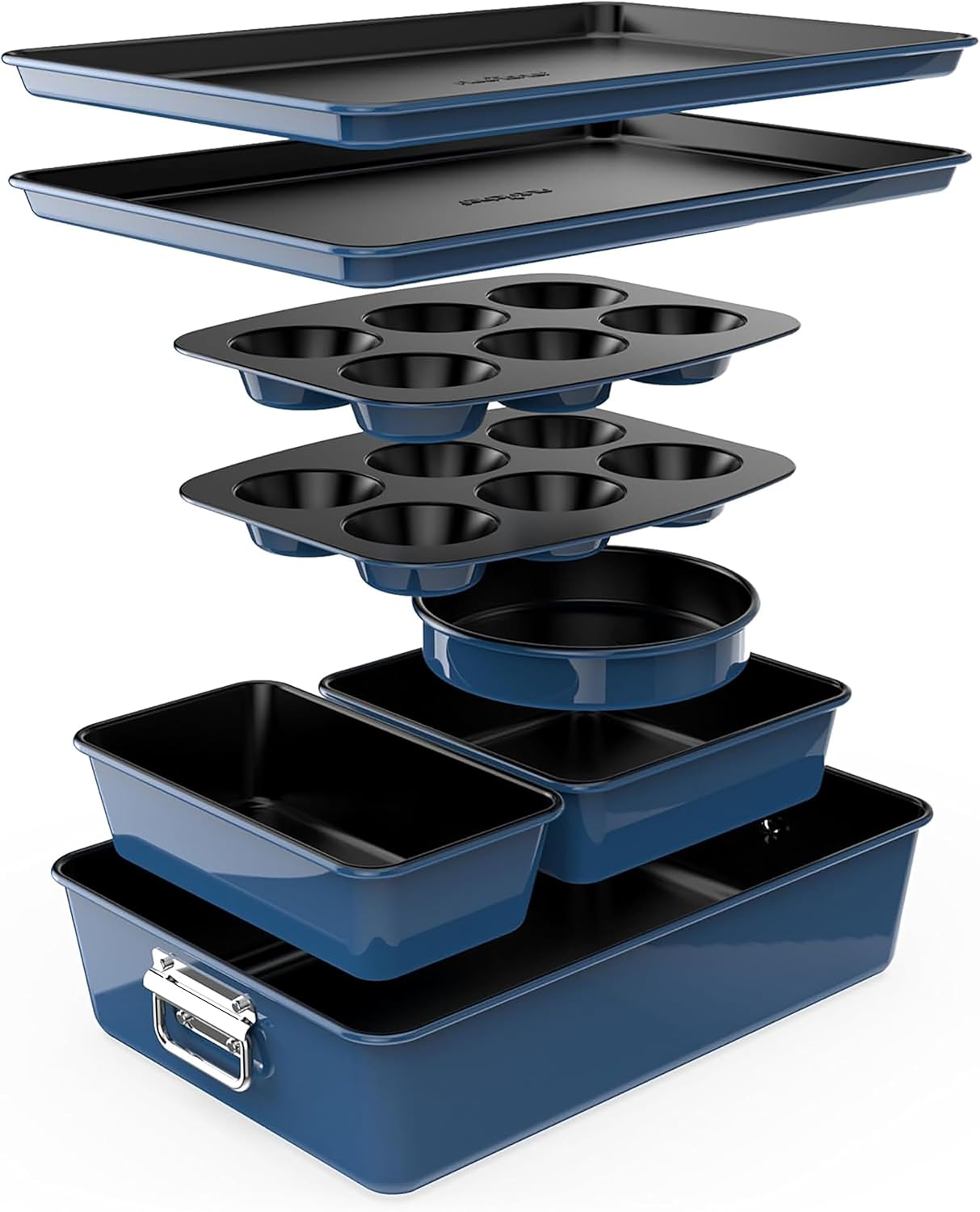 NutriChef Baking Tray Set, Stackable Bakeware Trays, Baking Trays, 8 Pcs Non-Stick Oven Safe Baking Sets w/Cookie, Loaf Pan, Pizza Pan, Muffin Tins, Cake Tin, Round/Square Pans