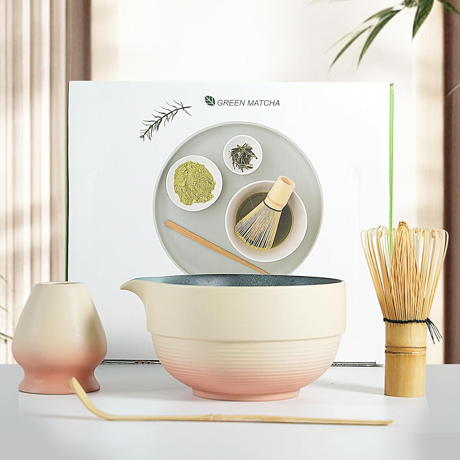 4-Pcs Matcha Set - Pink & Orange Gradient Bowl, Handcrafted Bamboo Whisk, Whisk Holder, Spoon - Perfect for Health Conscious Matcha Lovers & Gift-Giving by Giftly Moment
