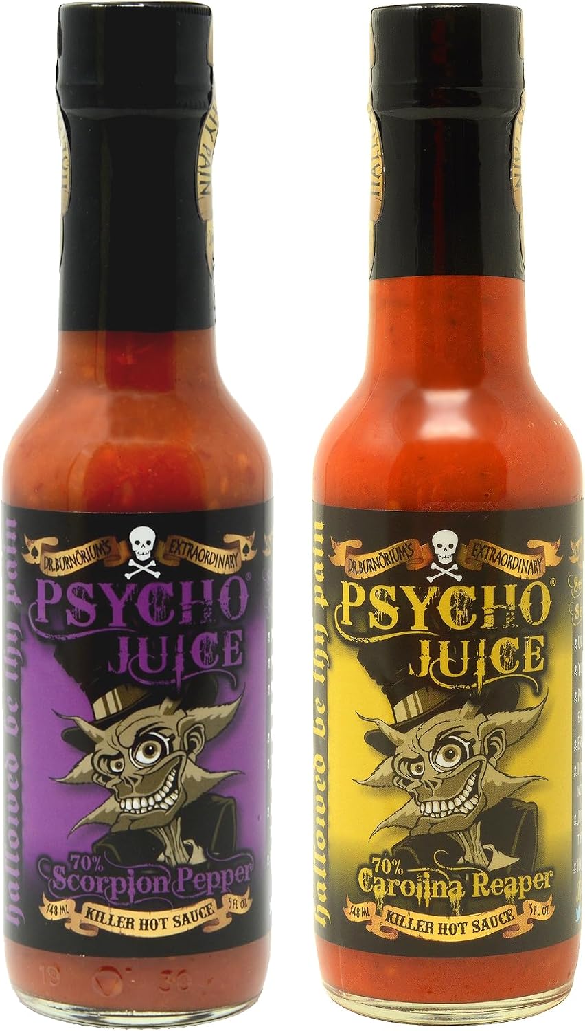 Psycho Juice Hot Chilli Sauce Set – 70% Carolina Reaper & 70% Scorpion Pepper – Extremely Hot Chilli Sauce – 2 x 148ml Bottles – Very Hot Warning