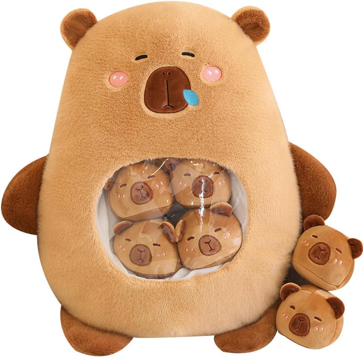 Aiuidun Capybara Plush with 6 Cute Babies Capybara Stuffed Animals,a Bag of Capybara Animal Snack Pillow,Super Soft Capybara Plushie Doll Pillow for Baby Boys Girls Toys(Brown)