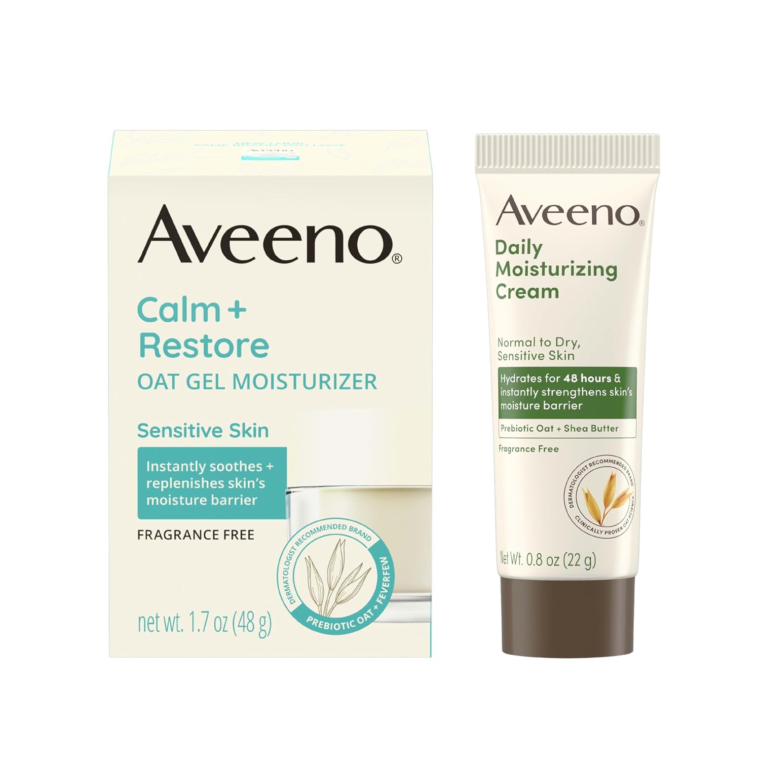 Aveeno Calm + Restore Oat Gel Face Moisturizer for Sensitive Skin, Gel Cream with Prebiotic Oat & Feverfew, Fragrance Free, 1.7 oz & Trial Size Daily Moisturizing Cream for Body, Face, & Hands, 0.8 oz