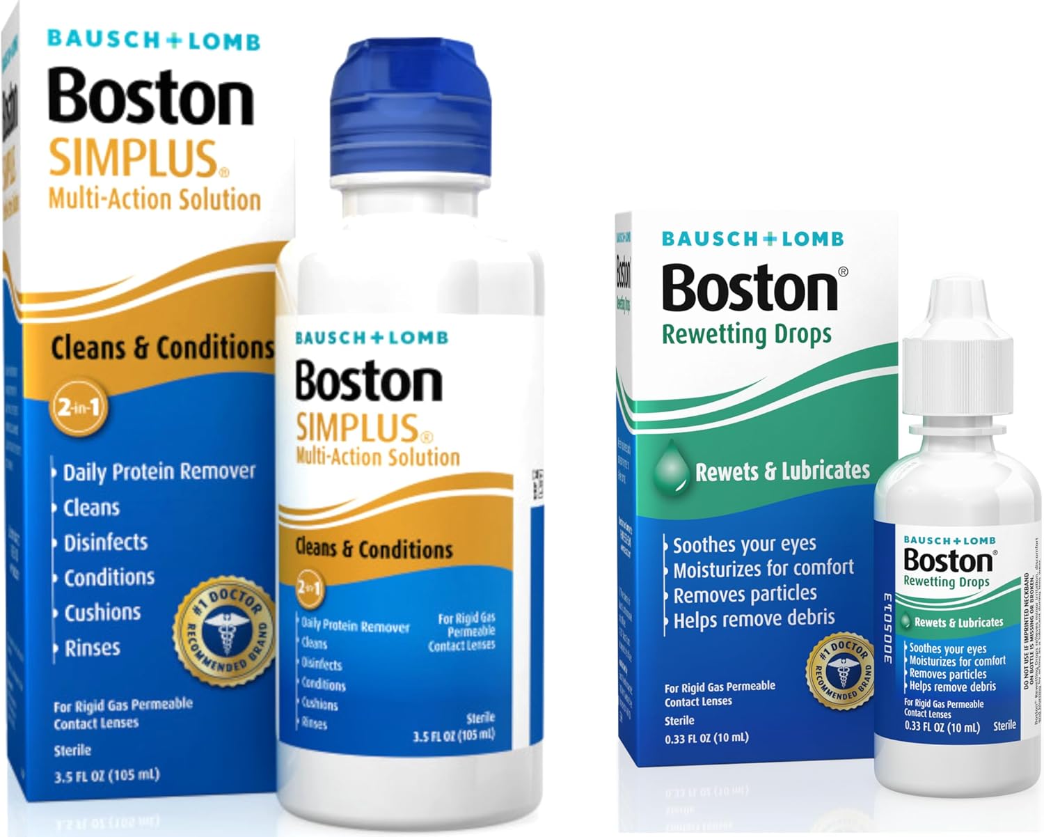 Boston Simplus Multi-Action 2-in-1 Solution 3.5 fl oz + Boston Rewetting Drops 0.33 fl oz – RGP Lens Kit for Overnight Cleaning & Daytime Comfort – Cleans, Conditions, Refreshes & Rewets